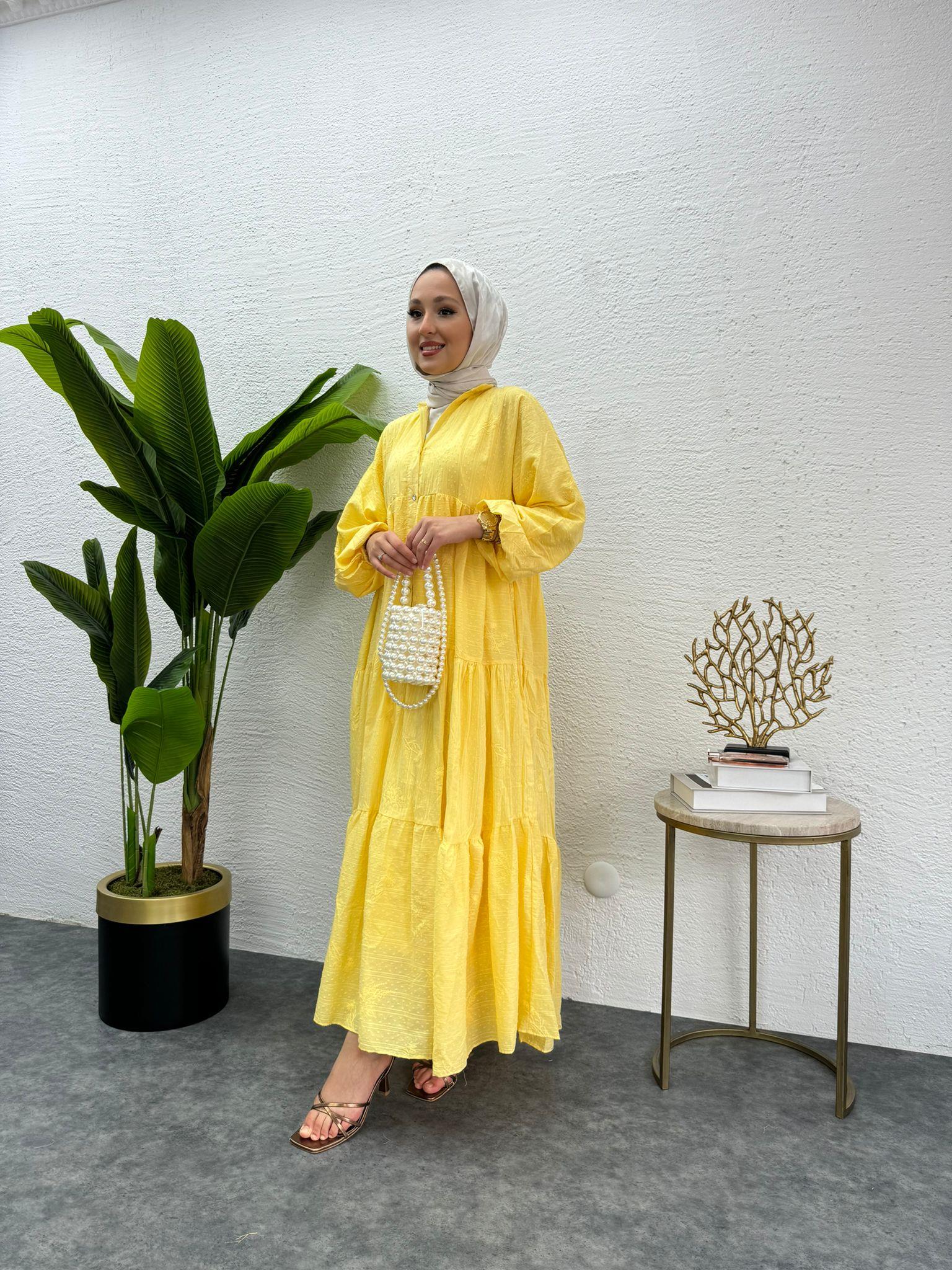 MEYSADESIGN ELBİSELER Önü Düğmeli Keten Elbise Sarı