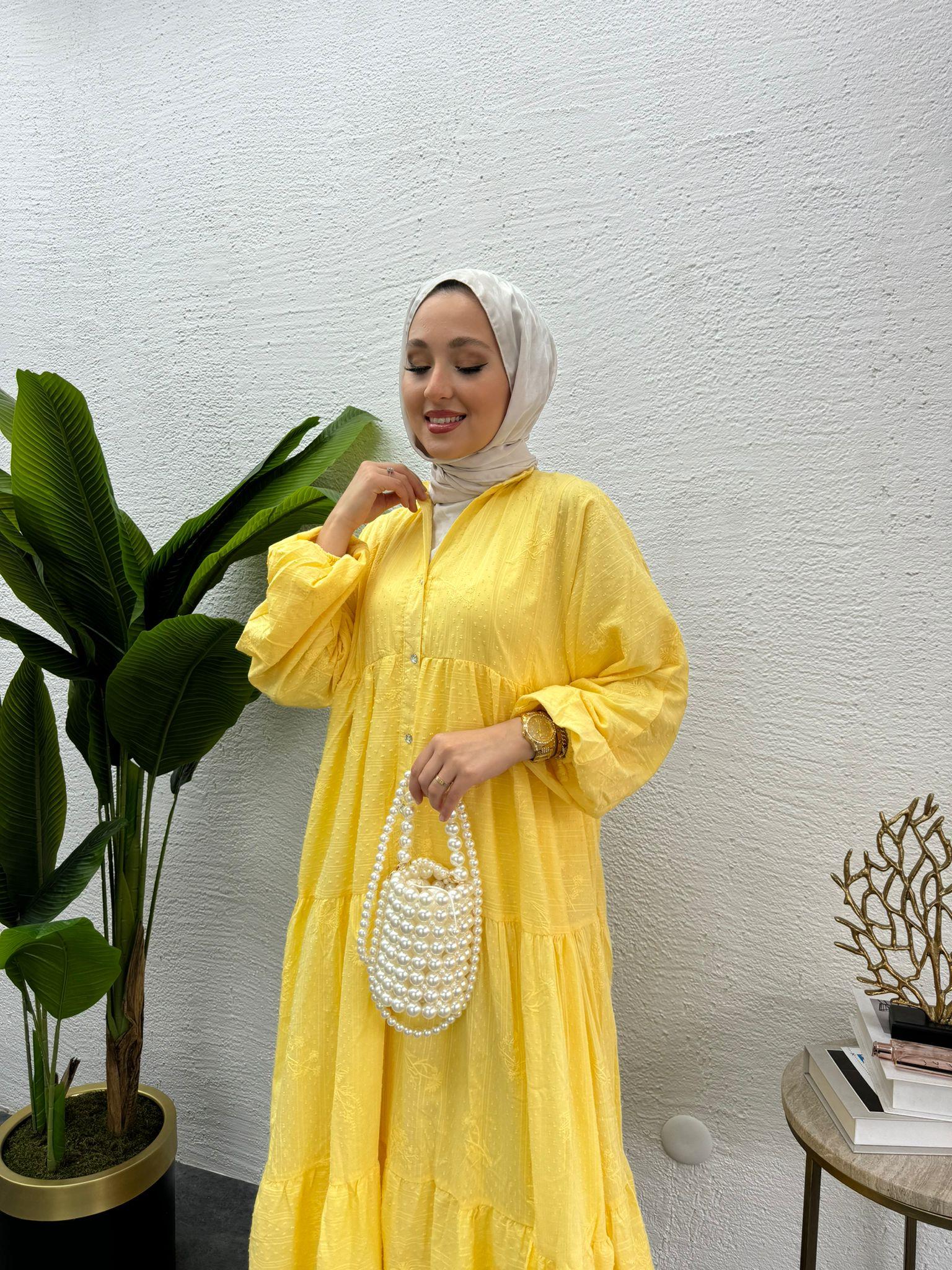 MEYSADESIGN ELBİSELER Önü Düğmeli Keten Elbise Sarı