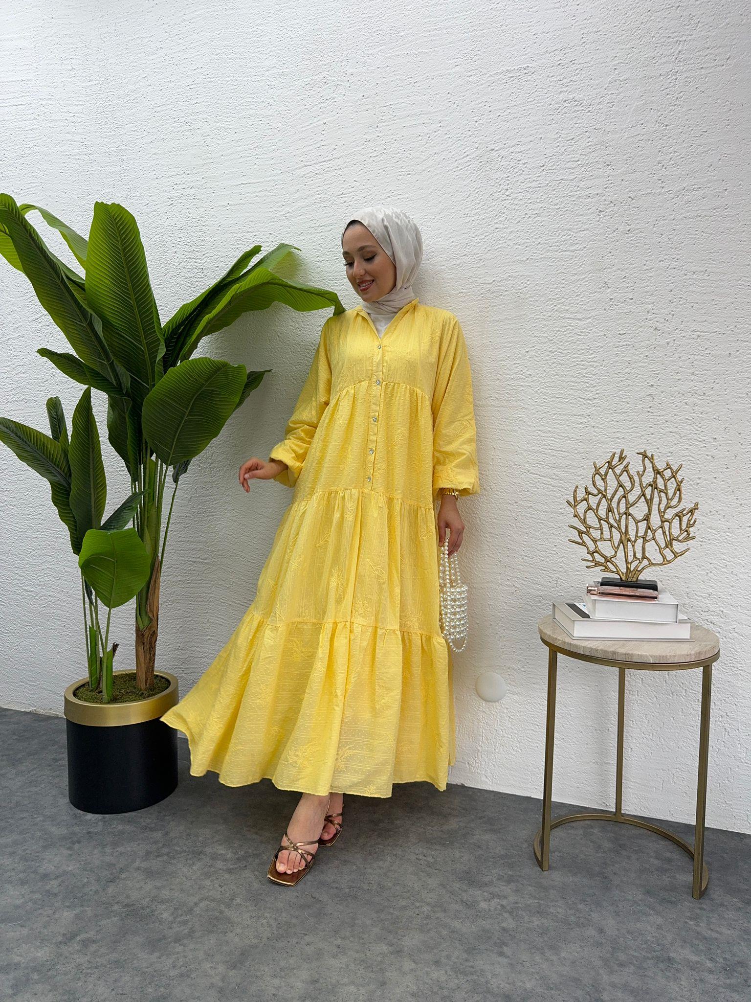 MEYSADESIGN ELBİSELER Önü Düğmeli Keten Elbise Sarı