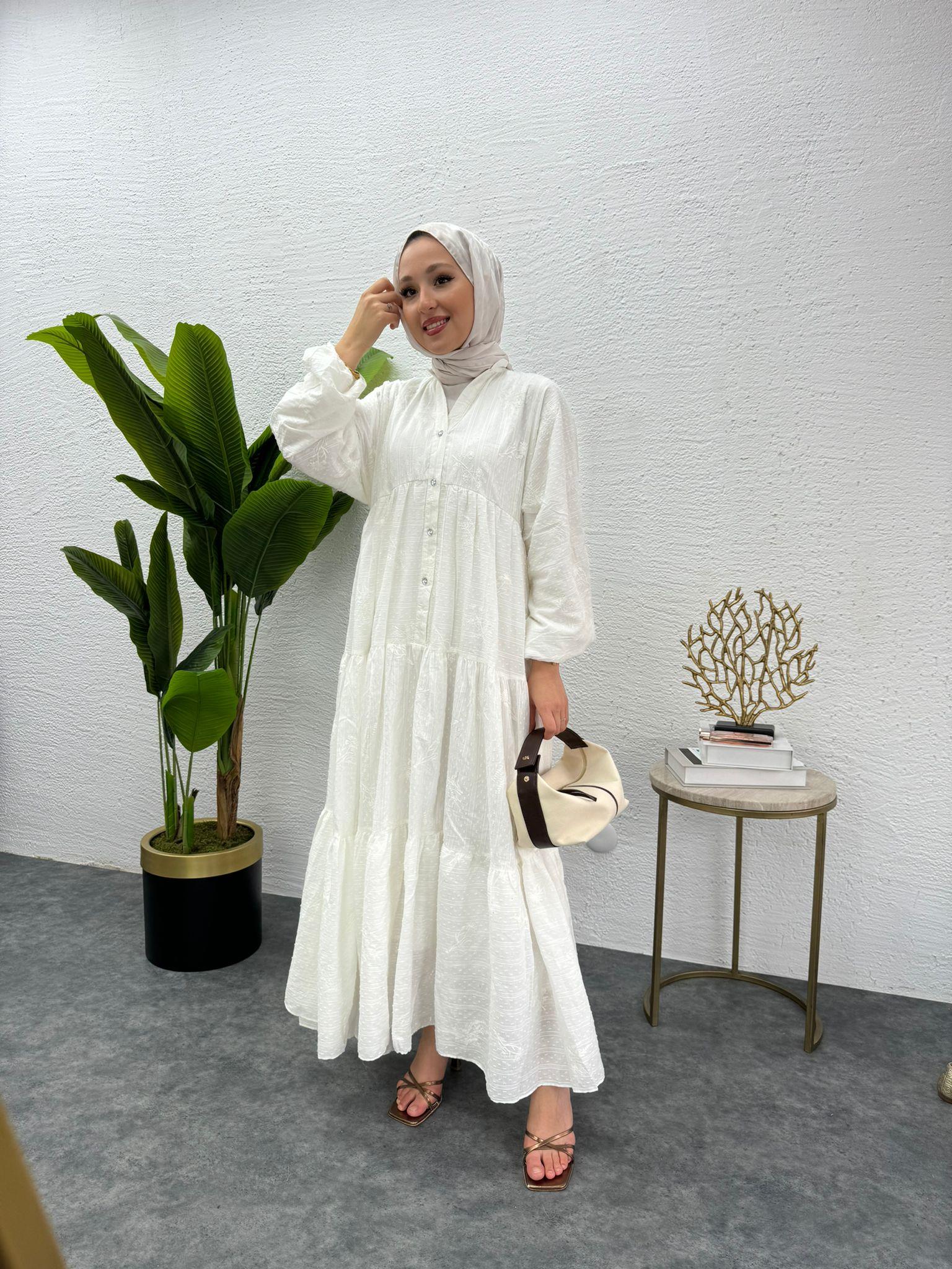 MEYSADESIGN ELBİSELER Önü Düğmeli Keten Elbise Beyaz
