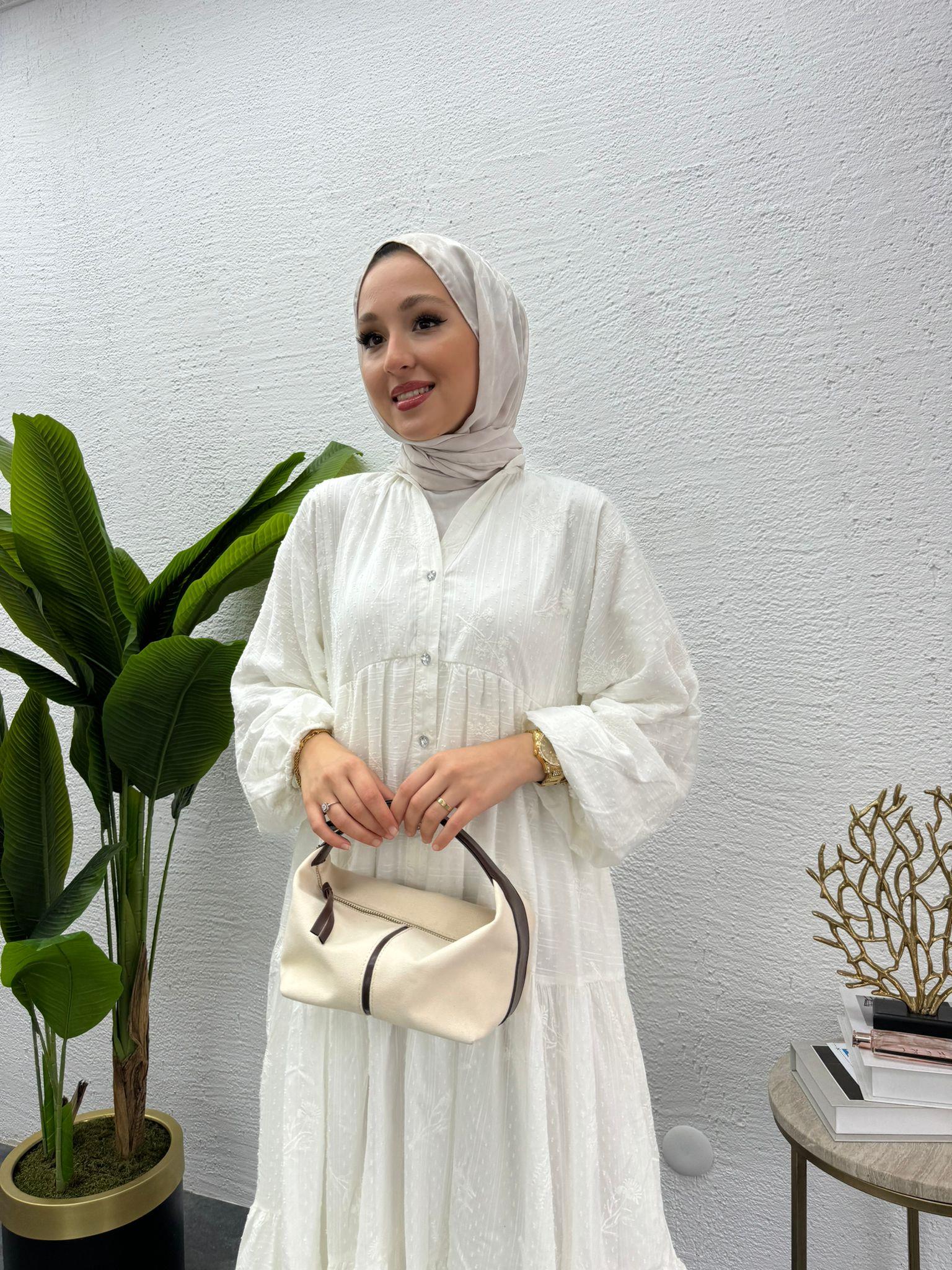 MEYSADESIGN ELBİSELER Önü Düğmeli Keten Elbise Beyaz