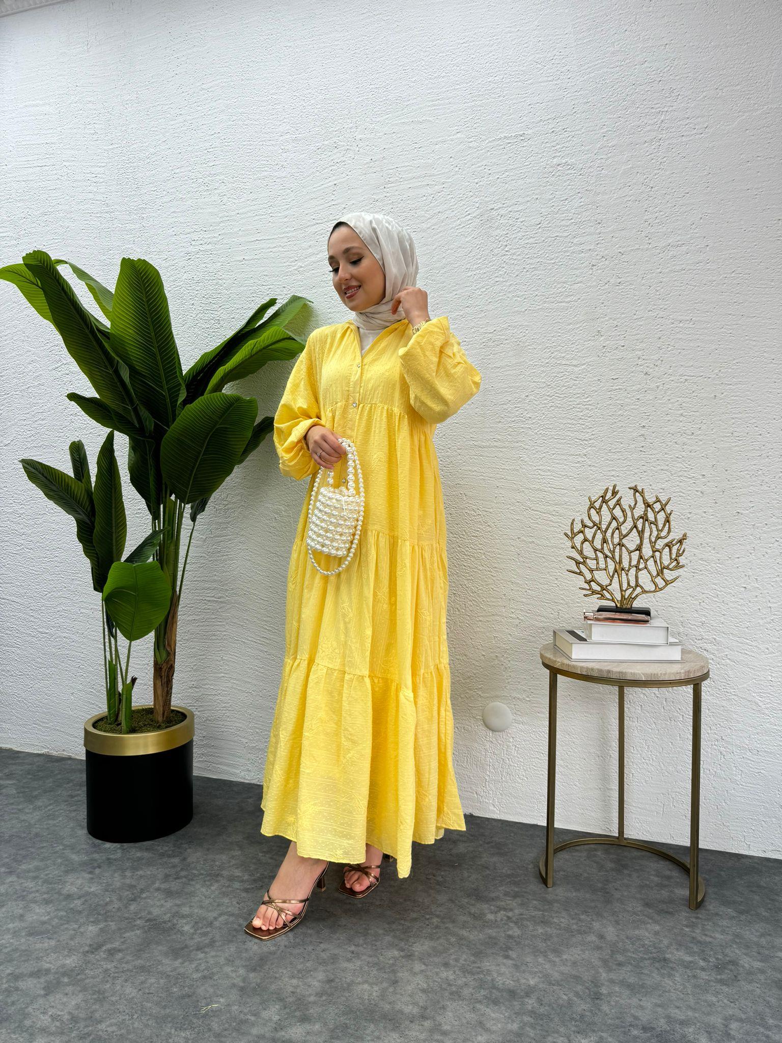 MEYSADESIGN ELBİSELER Önü Düğmeli Keten Elbise Sarı
