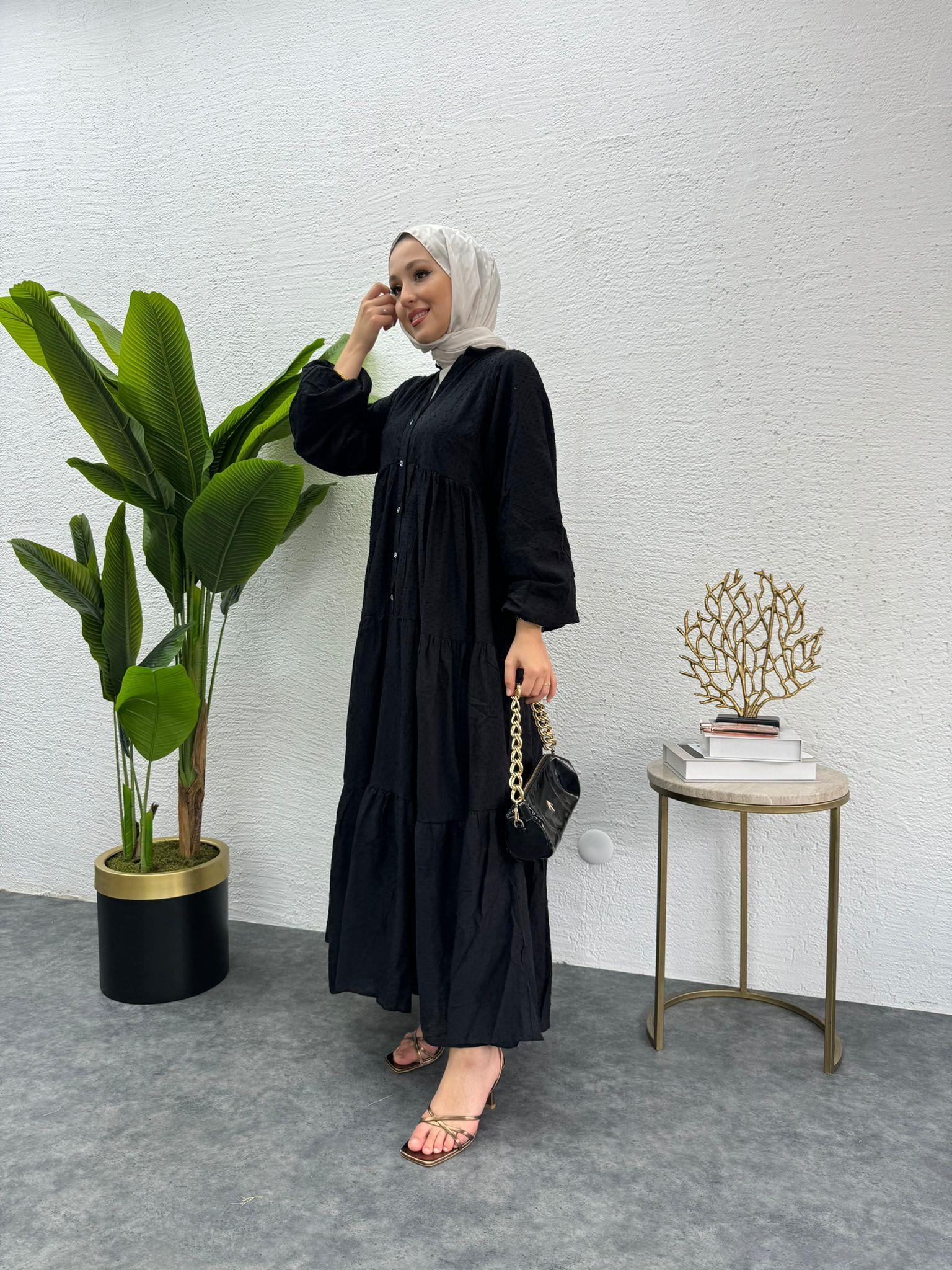 MEYSADESIGN ELBİSELER Önü Düğmeli Keten Elbise Siyah
