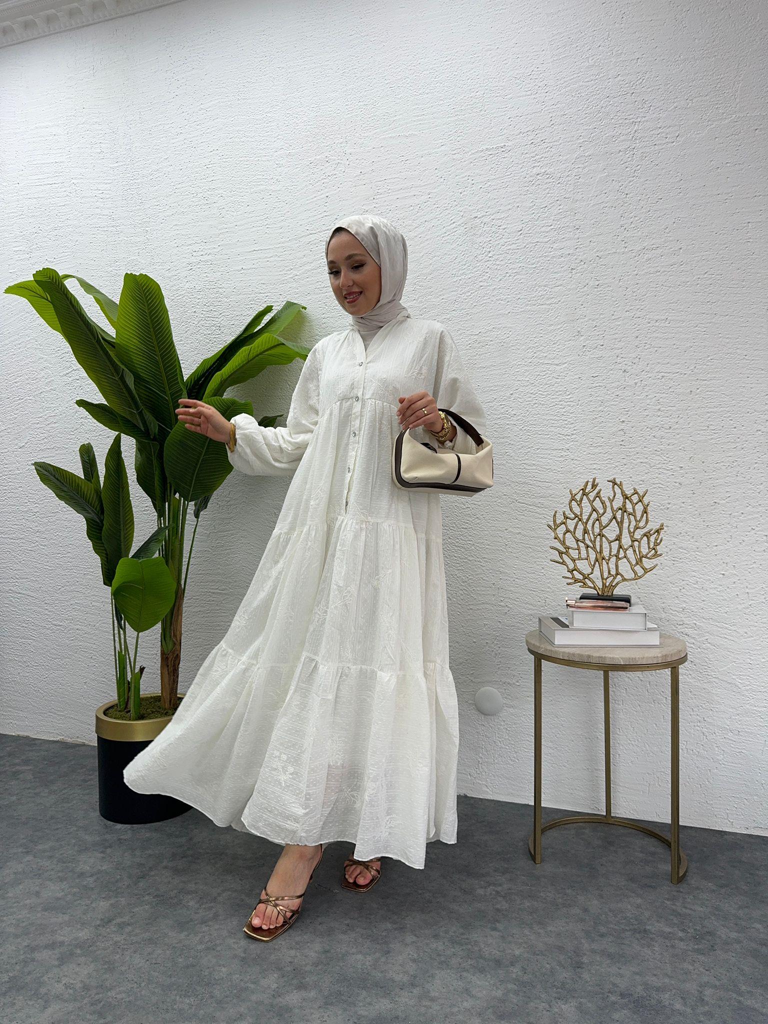 MEYSADESIGN ELBİSELER Önü Düğmeli Keten Elbise Beyaz
