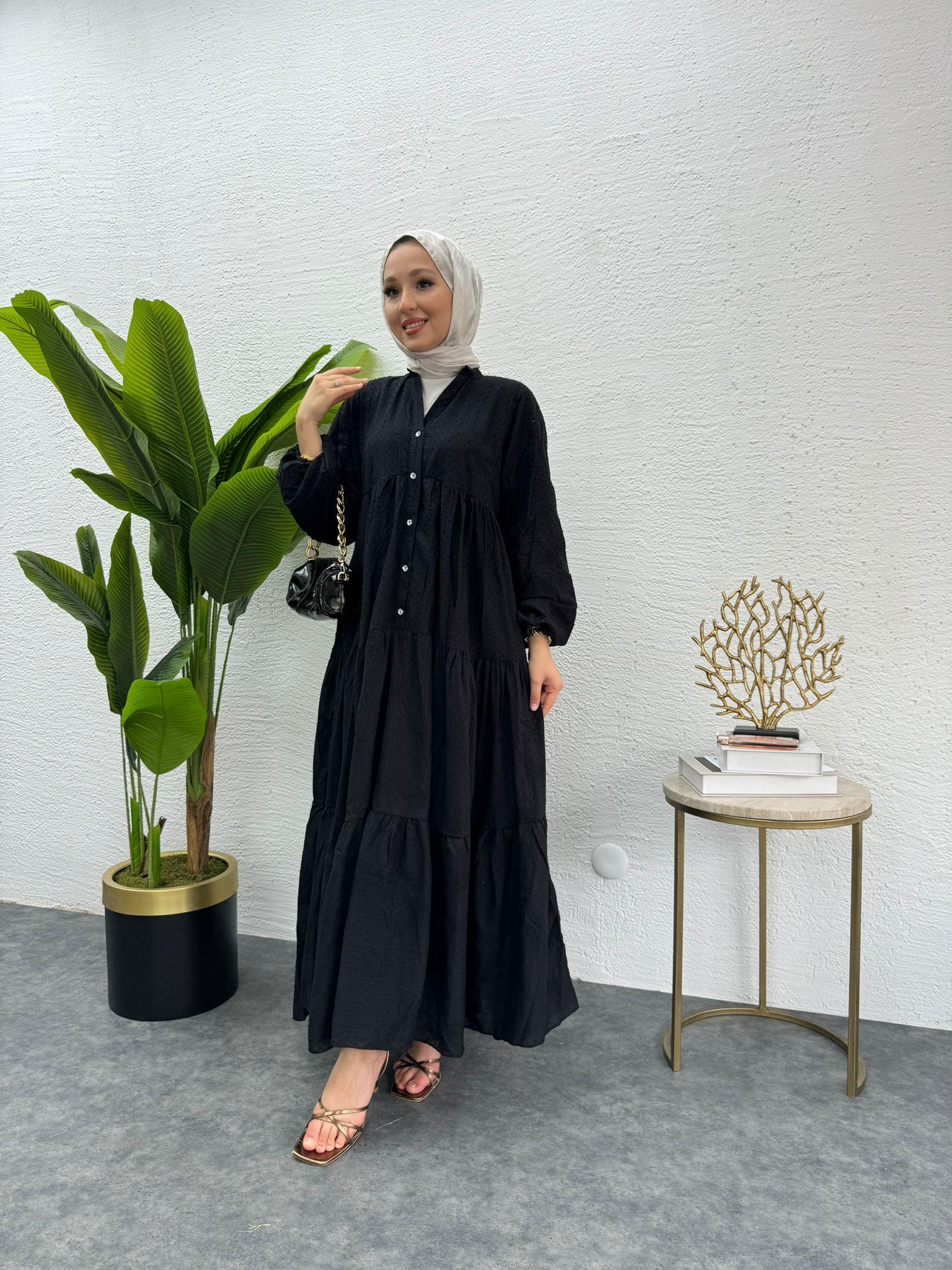 MEYSADESIGN ELBİSELER Önü Düğmeli Keten Elbise Siyah