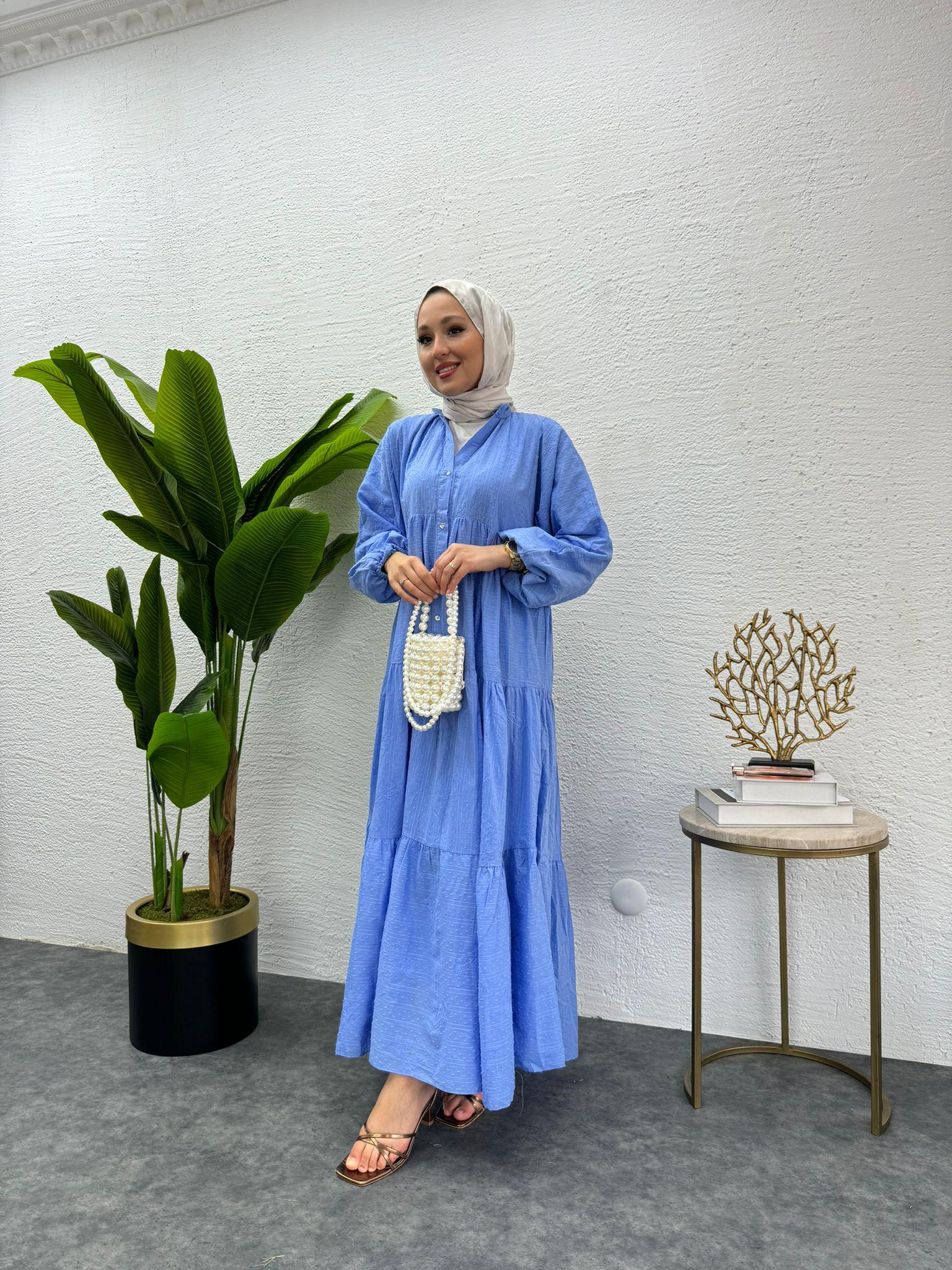 MEYSADESIGN ELBİSELER Önü Düğmeli Keten Elbise Mavi