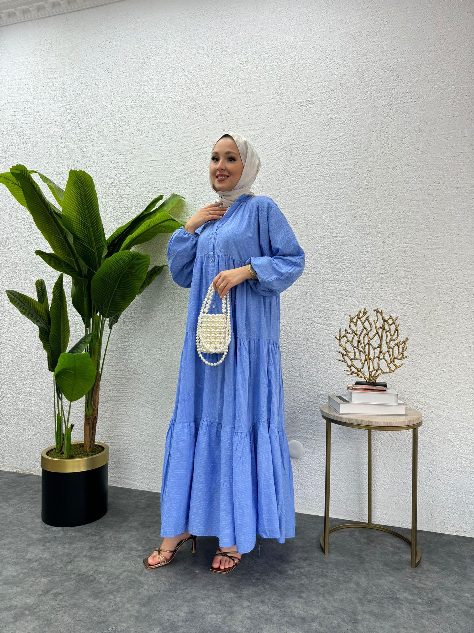 MEYSADESIGN ELBİSELER Önü Düğmeli Keten Elbise Mavi