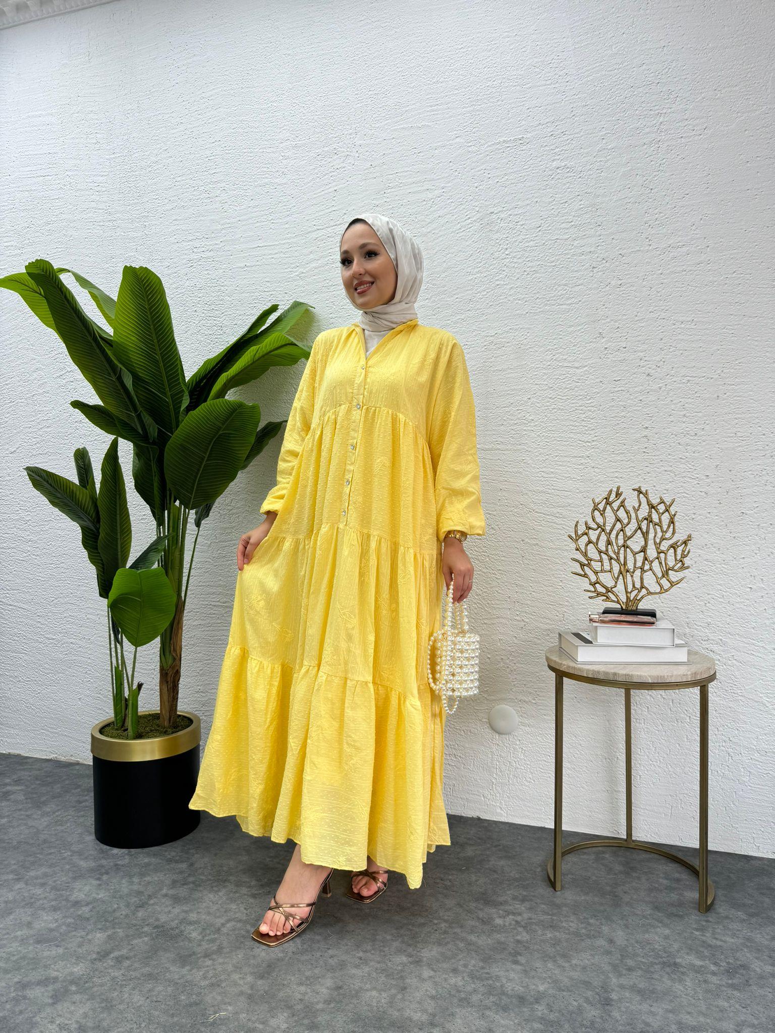 MEYSADESIGN ELBİSELER Önü Düğmeli Keten Elbise Sarı