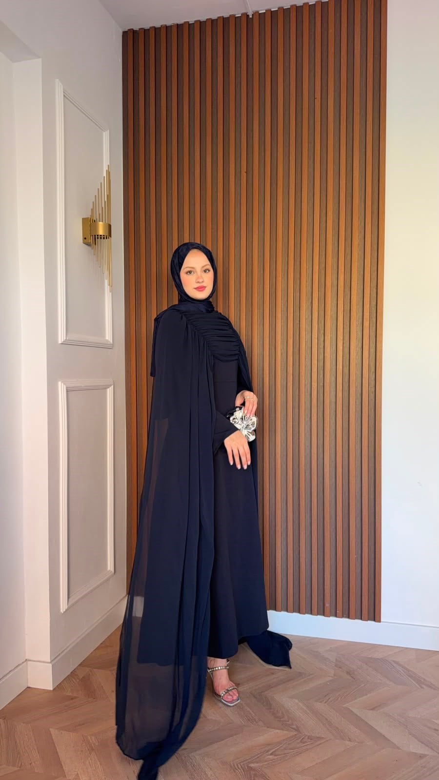 MEYSADESIGN ELBİSELER Önü Şifon Pelerin Takmalı Abiye Lacivert