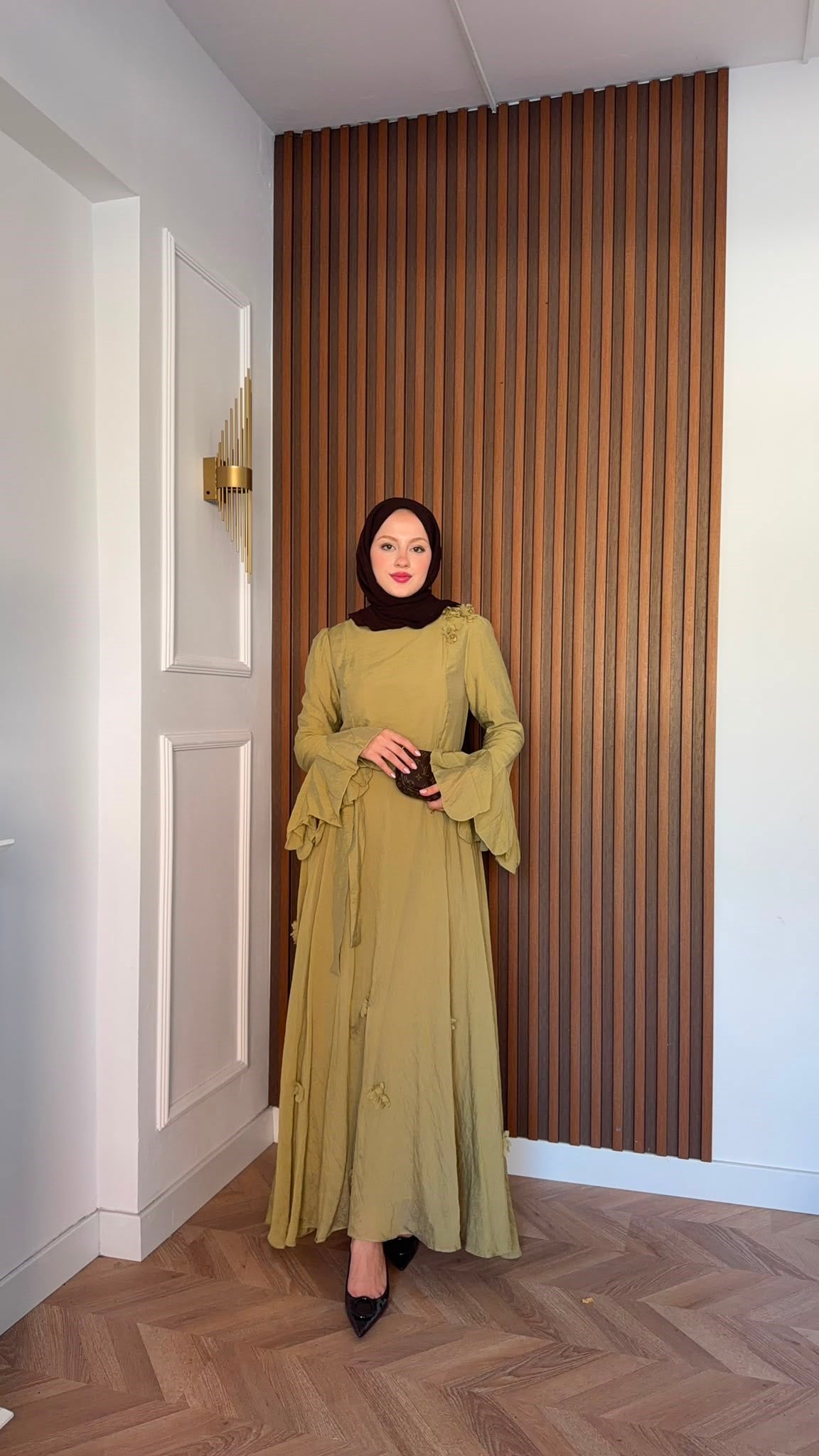MEYSADESIGN ELBİSELER Papatya Vual Elbise Yağ Yeşili