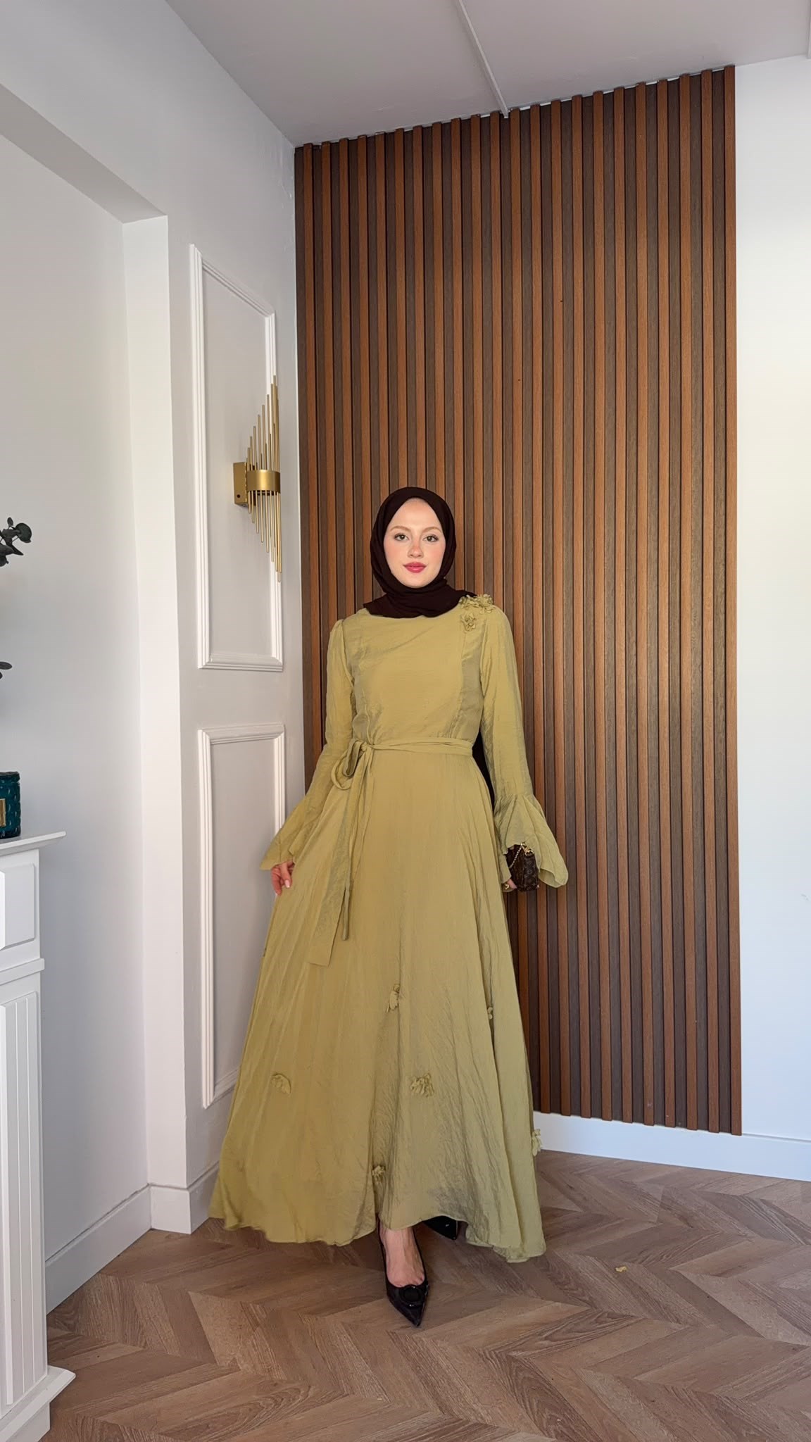 MEYSADESIGN ELBİSELER Papatya Vual Elbise Yağ Yeşili
