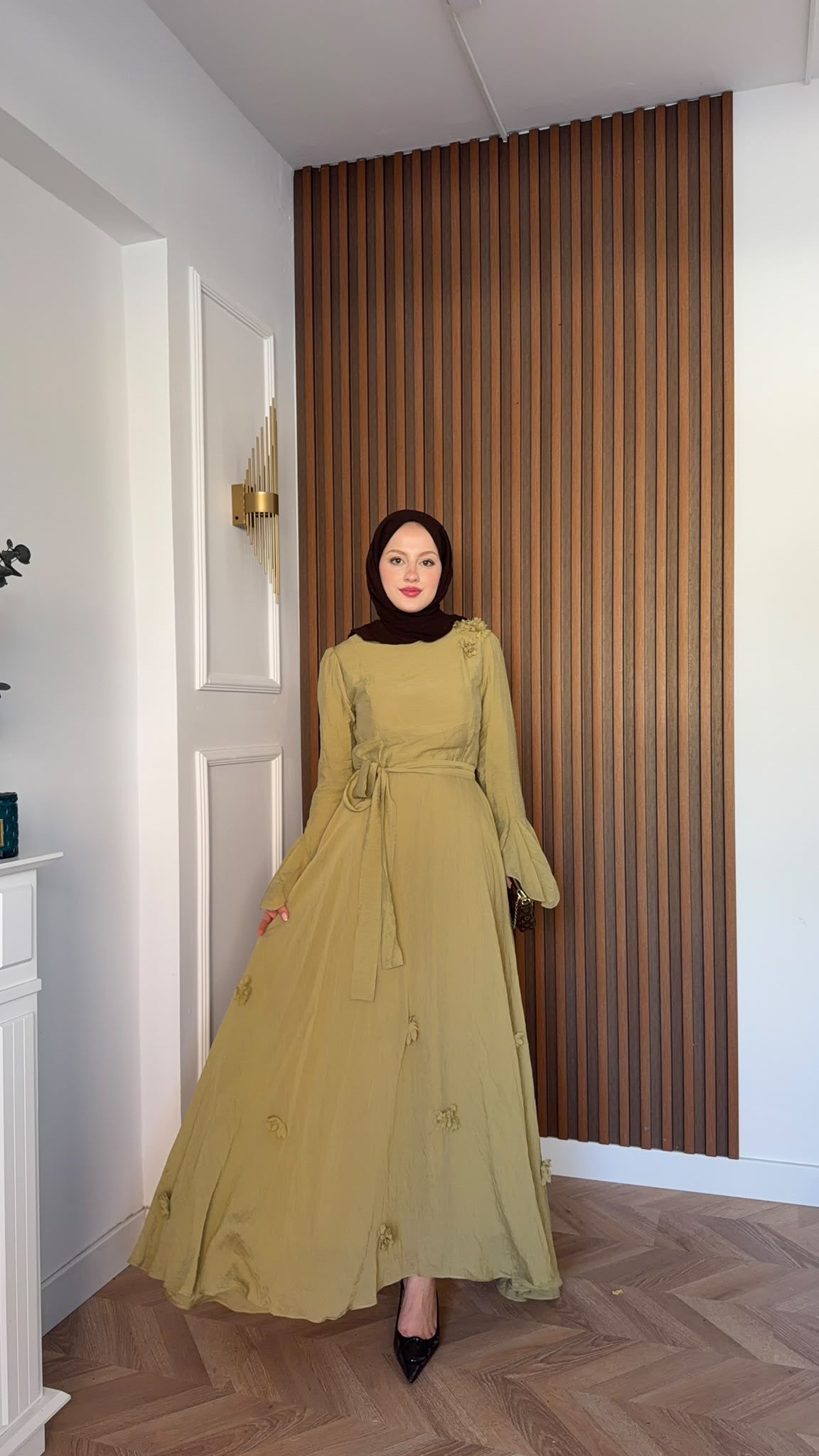 MEYSADESIGN ELBİSELER Papatya Vual Elbise Yağ Yeşili