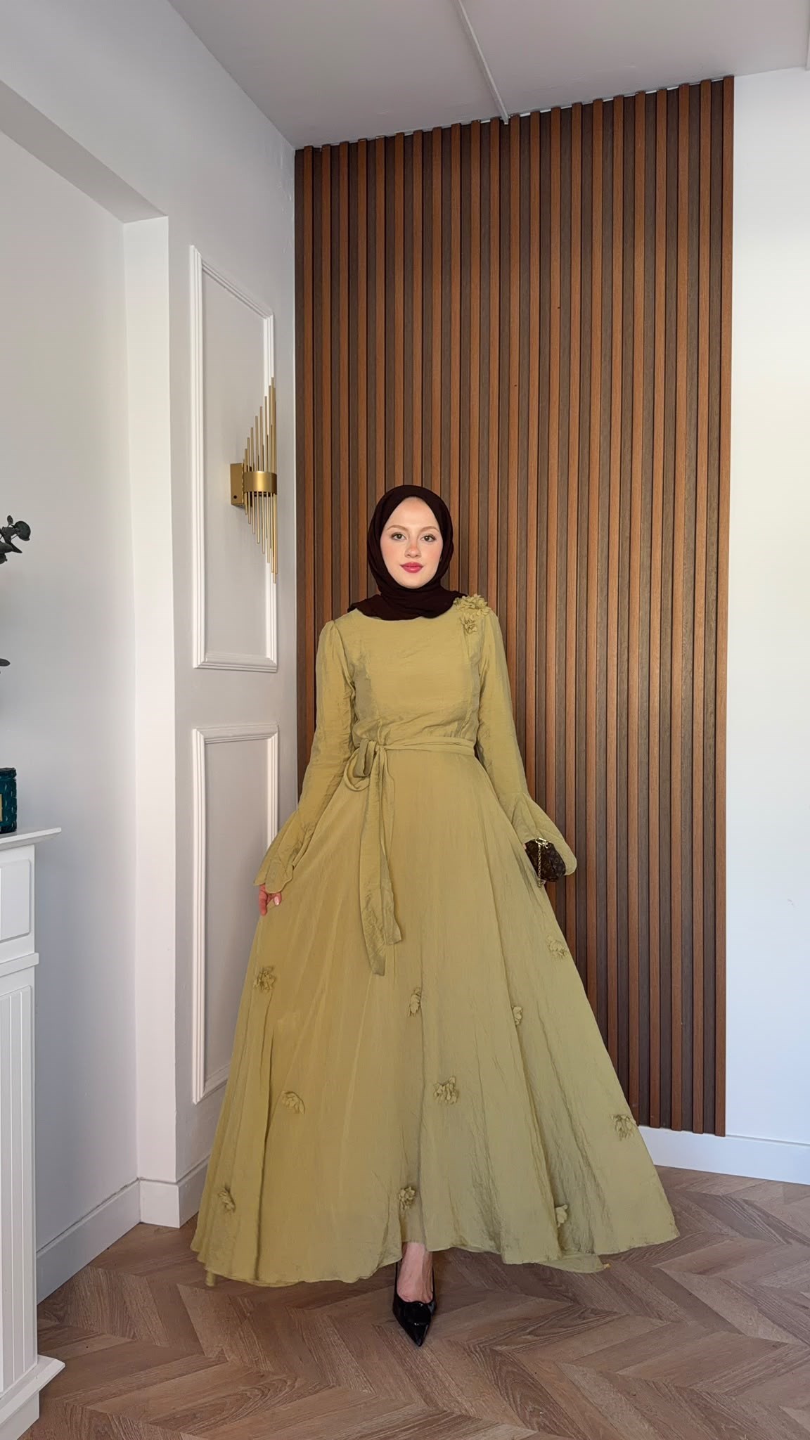MEYSADESIGN ELBİSELER Papatya Vual Elbise Yağ Yeşili