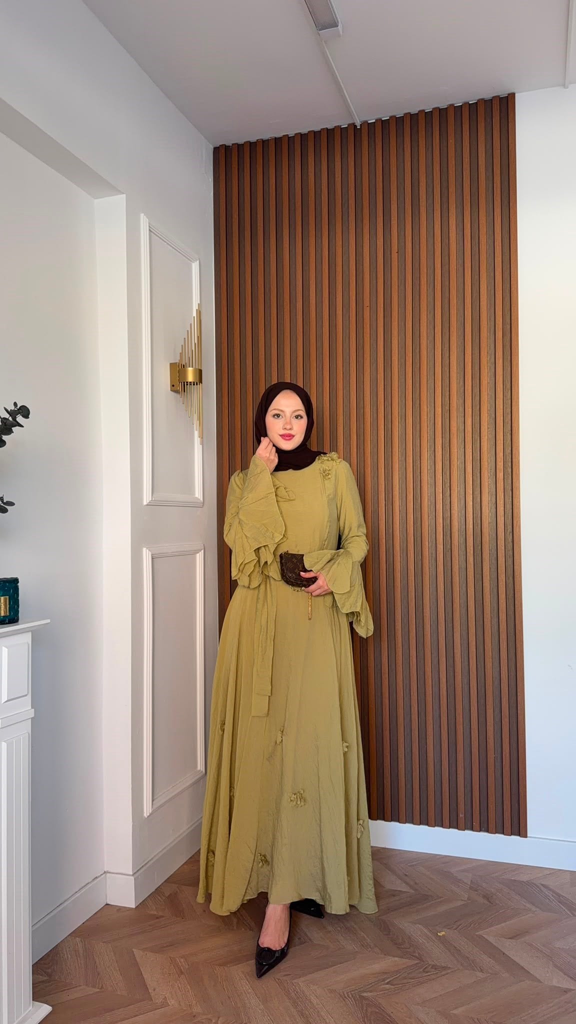 MEYSADESIGN ELBİSELER Papatya Vual Elbise Yağ Yeşili