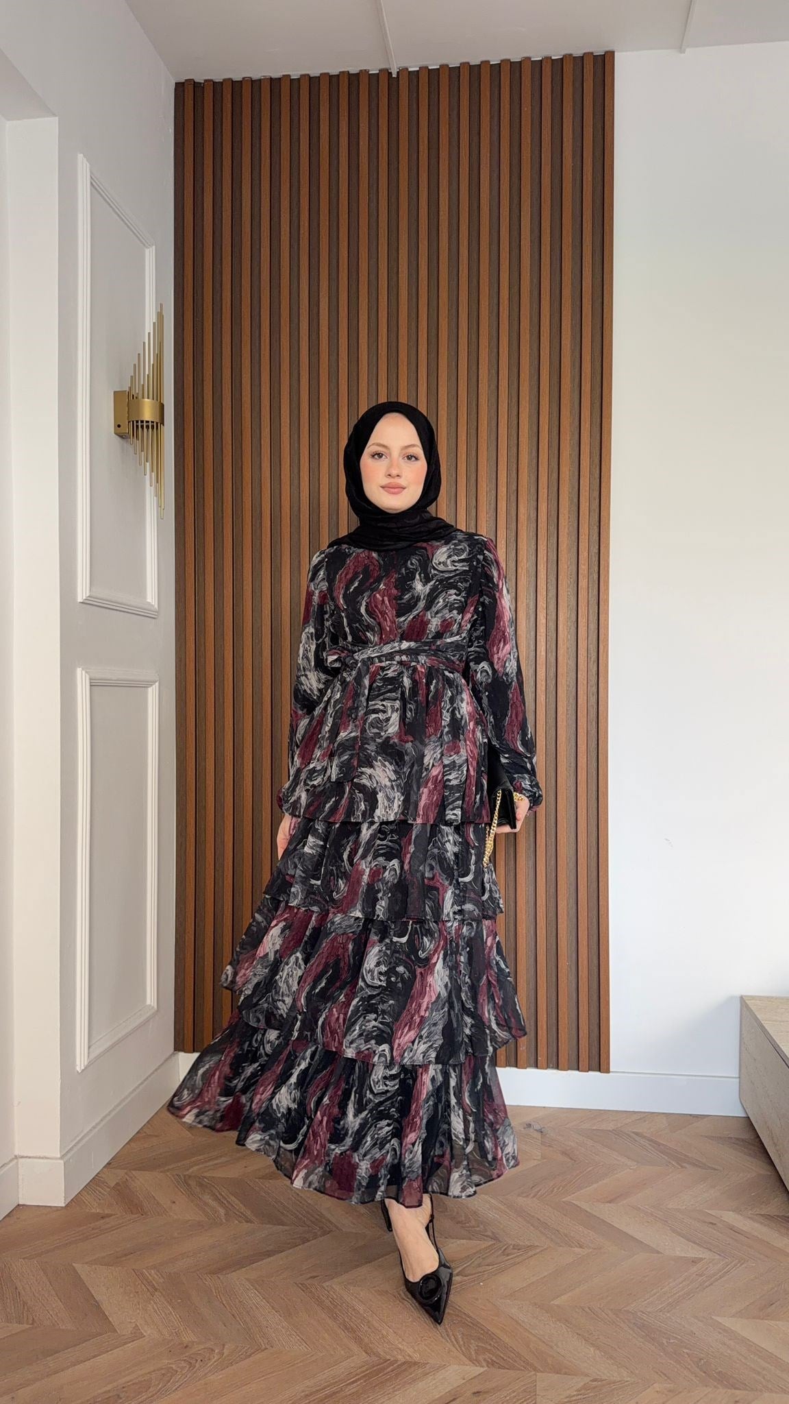 MEYSADESIGN ELBİSELER Pastel Desenli Kat Kat Elbise Siyah