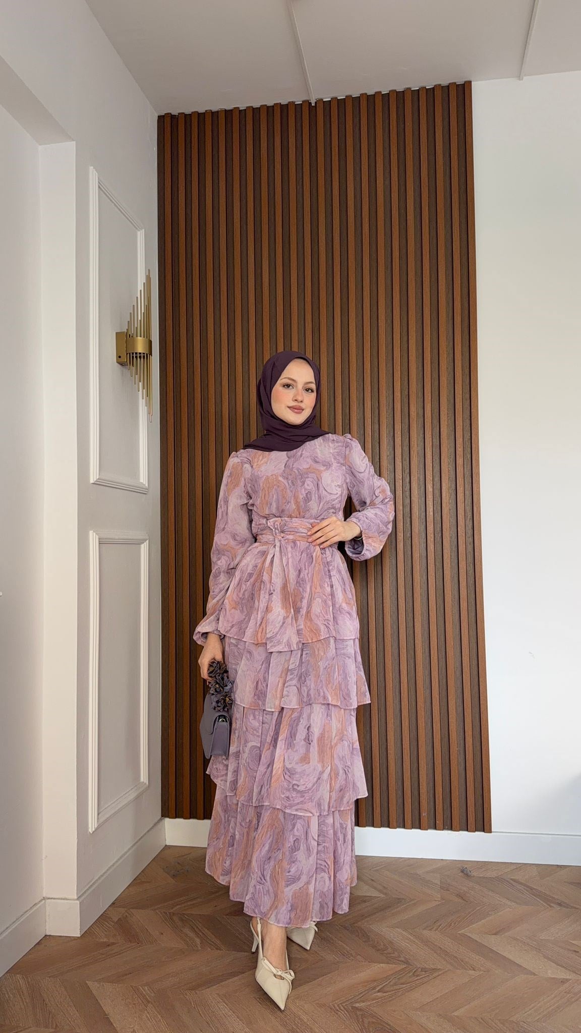 MEYSADESIGN ELBİSELER Pastel Desenli Kat Kat Elbise Pembe