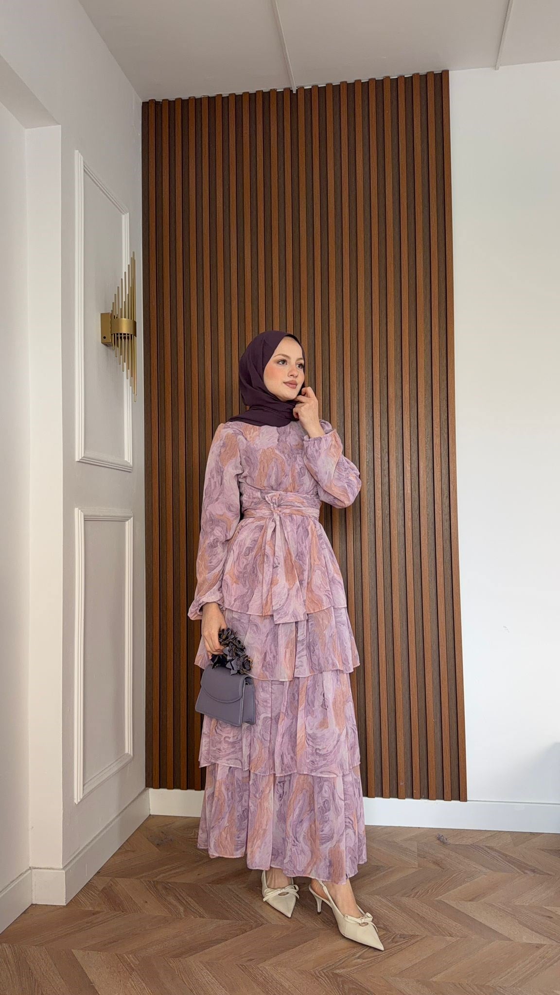 MEYSADESIGN ELBİSELER Pastel Desenli Kat Kat Elbise Pembe
