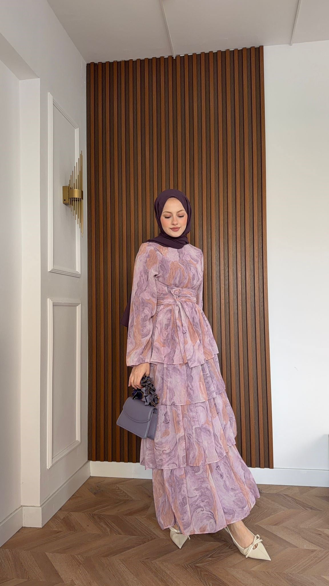 MEYSADESIGN ELBİSELER Pastel Desenli Kat Kat Elbise Pembe