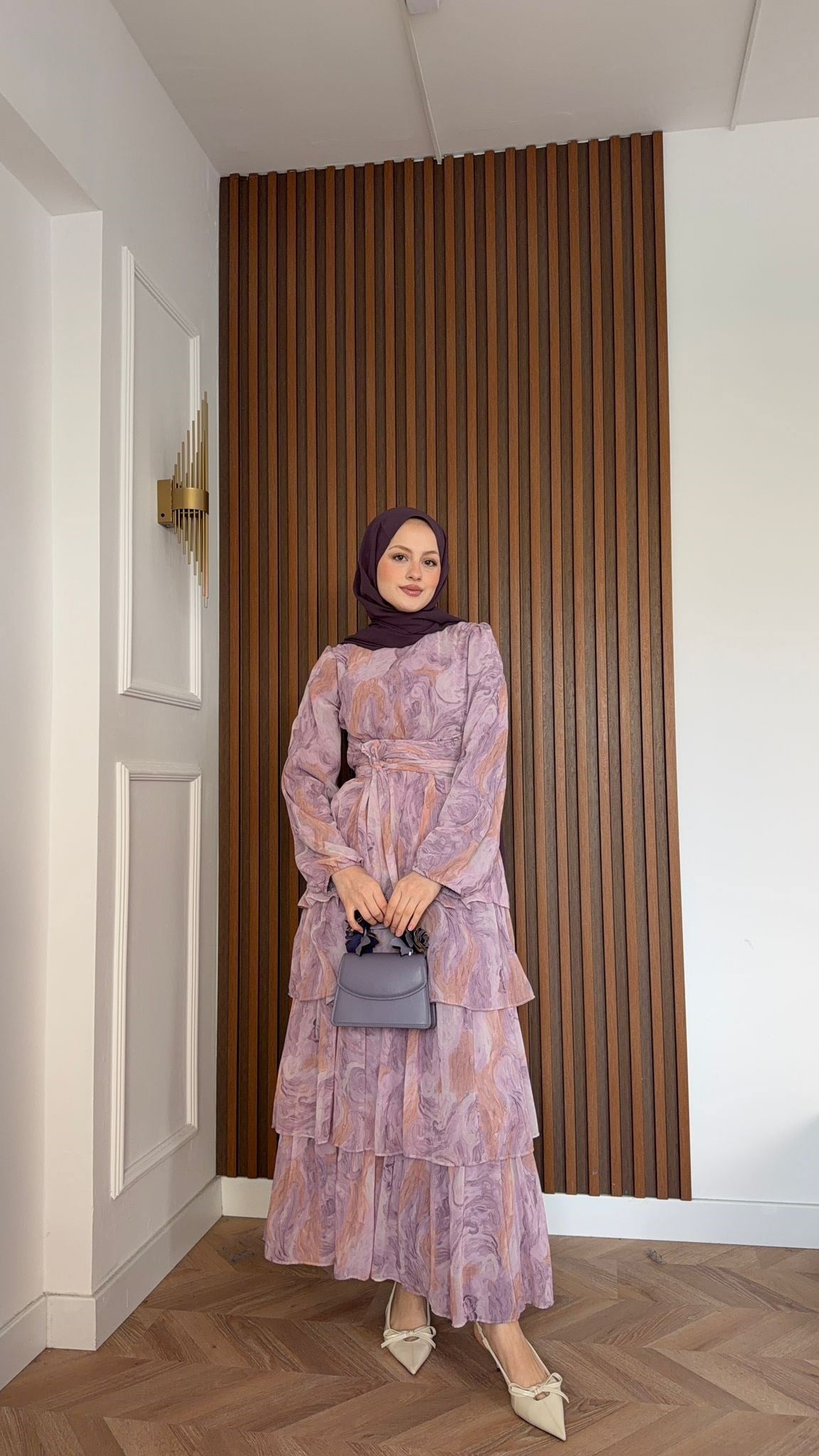MEYSADESIGN ELBİSELER Pastel Desenli Kat Kat Elbise Pembe