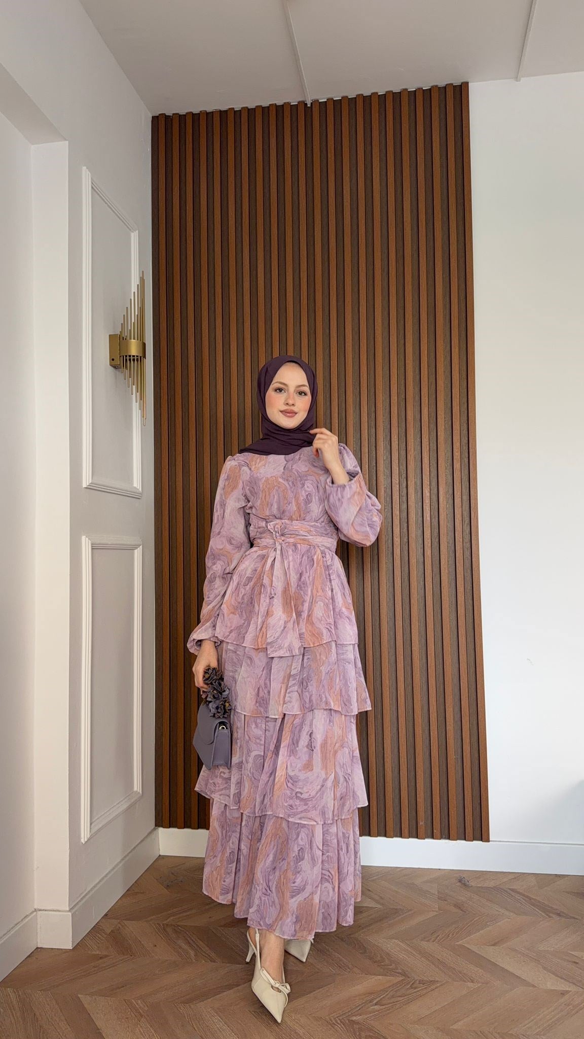 MEYSADESIGN ELBİSELER Pastel Desenli Kat Kat Elbise Pembe