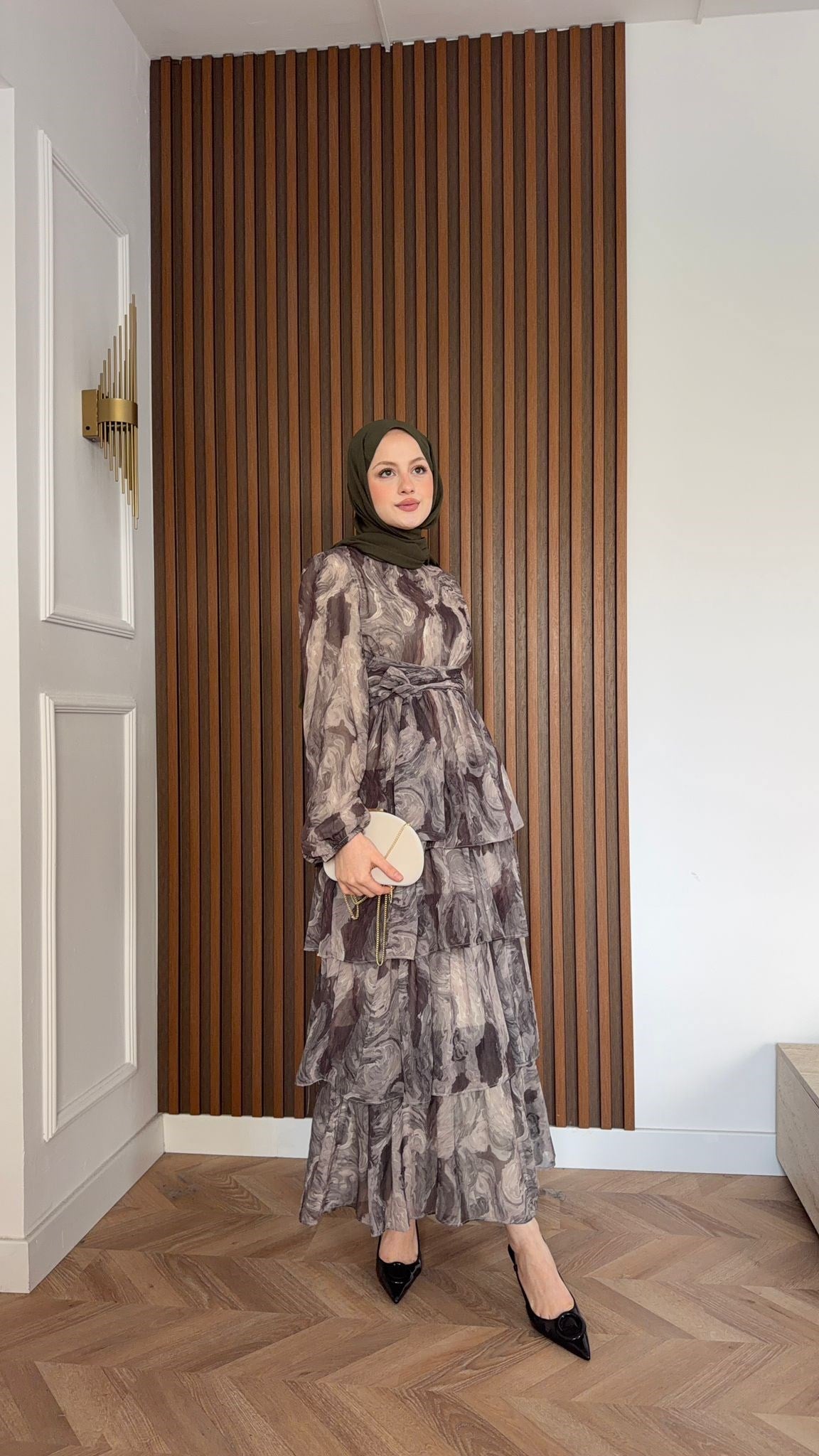 MEYSADESIGN ELBİSELER Pastel Desenli Kat Kat Elbise Kahve