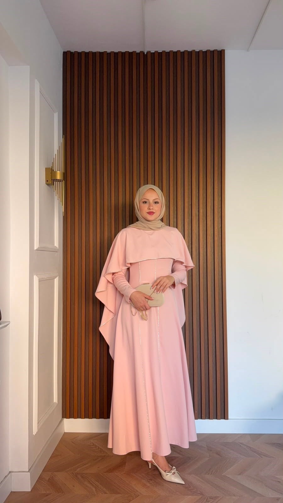 MEYSADESIGN ELBİSELER Pelerinli Taşlı Abiye Pembe