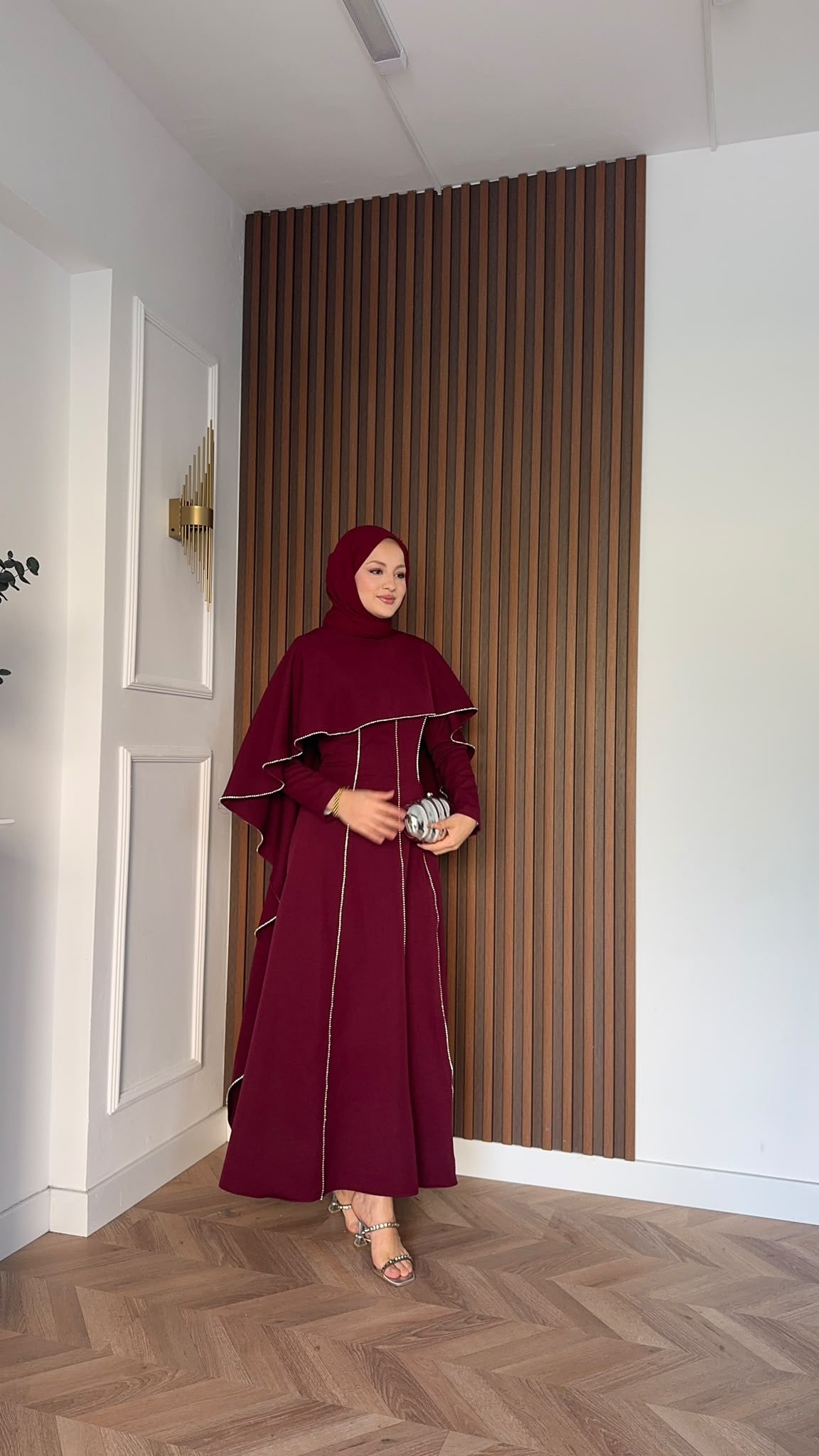 MEYSADESIGN ELBİSELER Pelerinli Taşlı Abiye Bordo