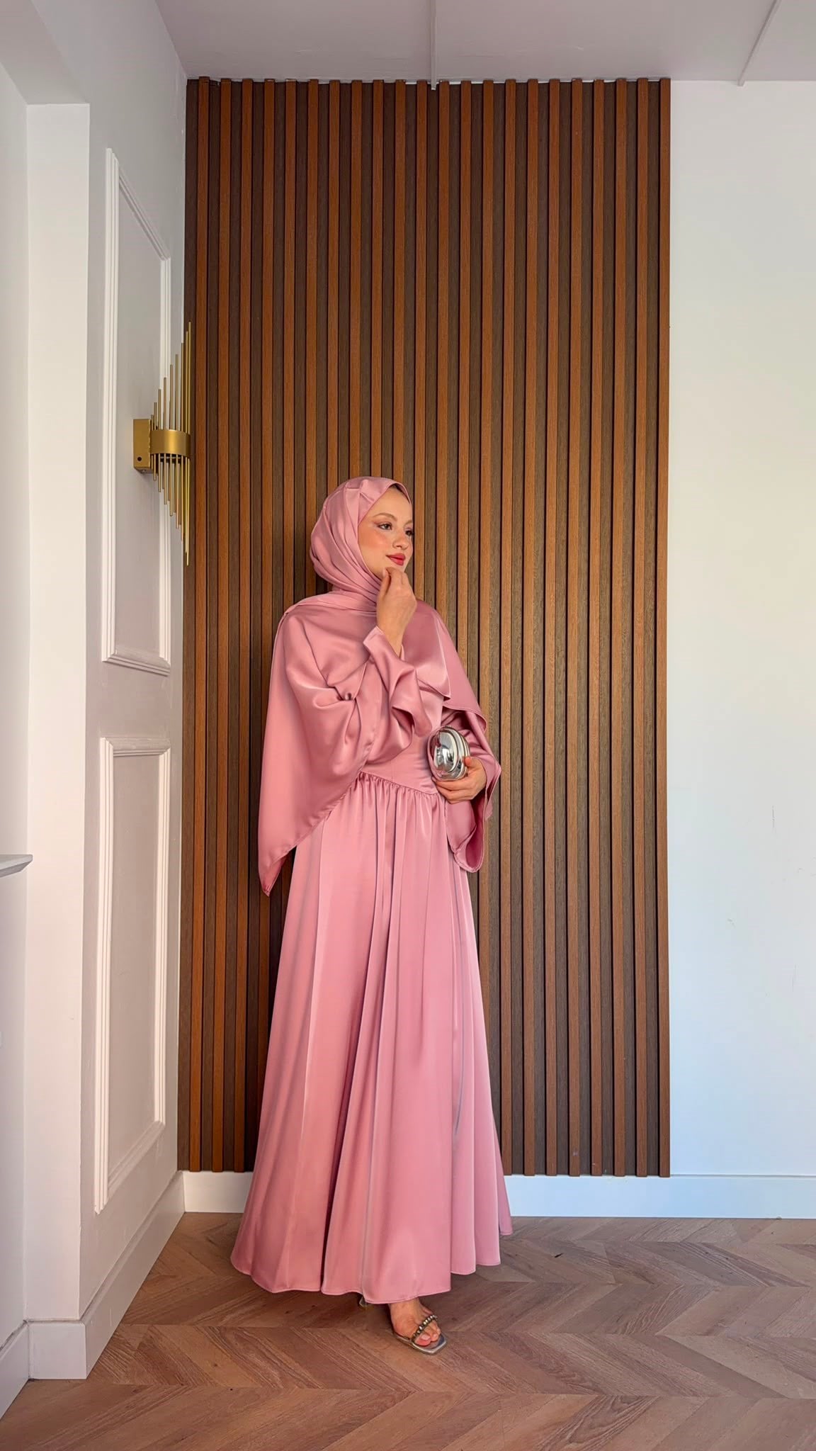 MEYSADESIGN ELBİSELER Pinky Saten Şallı Abiye Pudra