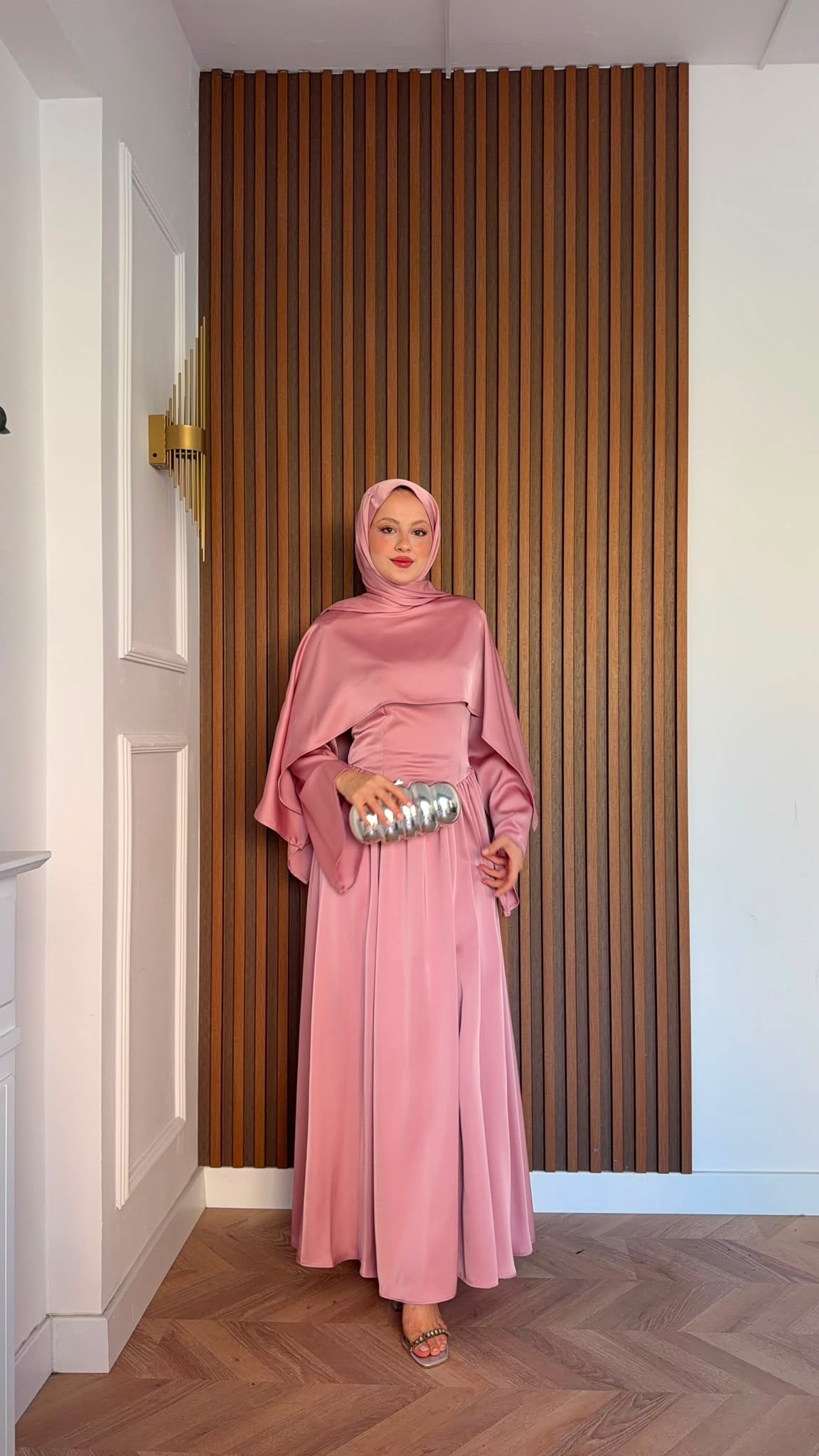 MEYSADESIGN ELBİSELER Pinky Saten Şallı Abiye Pudra