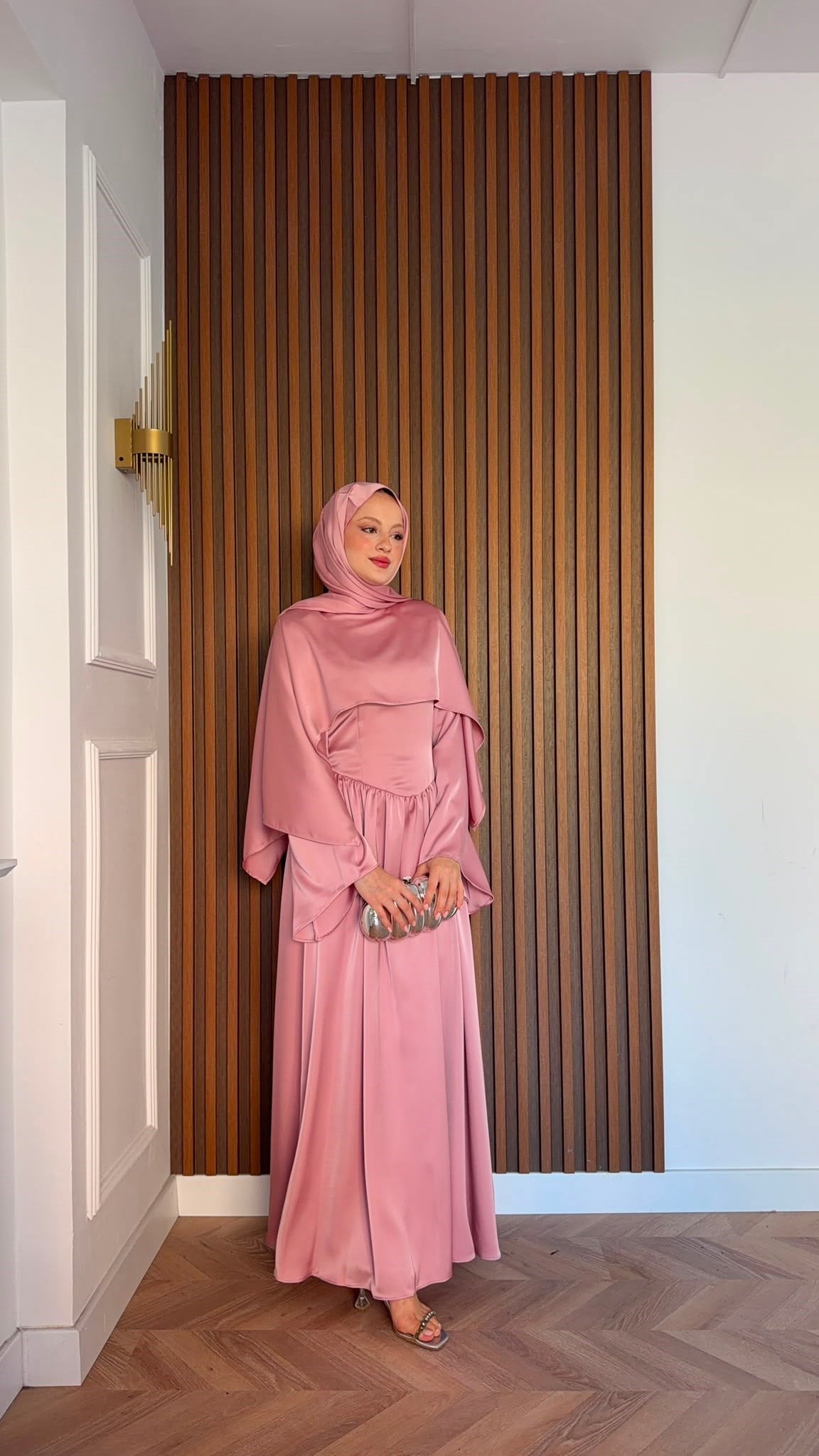 MEYSADESIGN ELBİSELER Pinky Saten Şallı Abiye Pudra