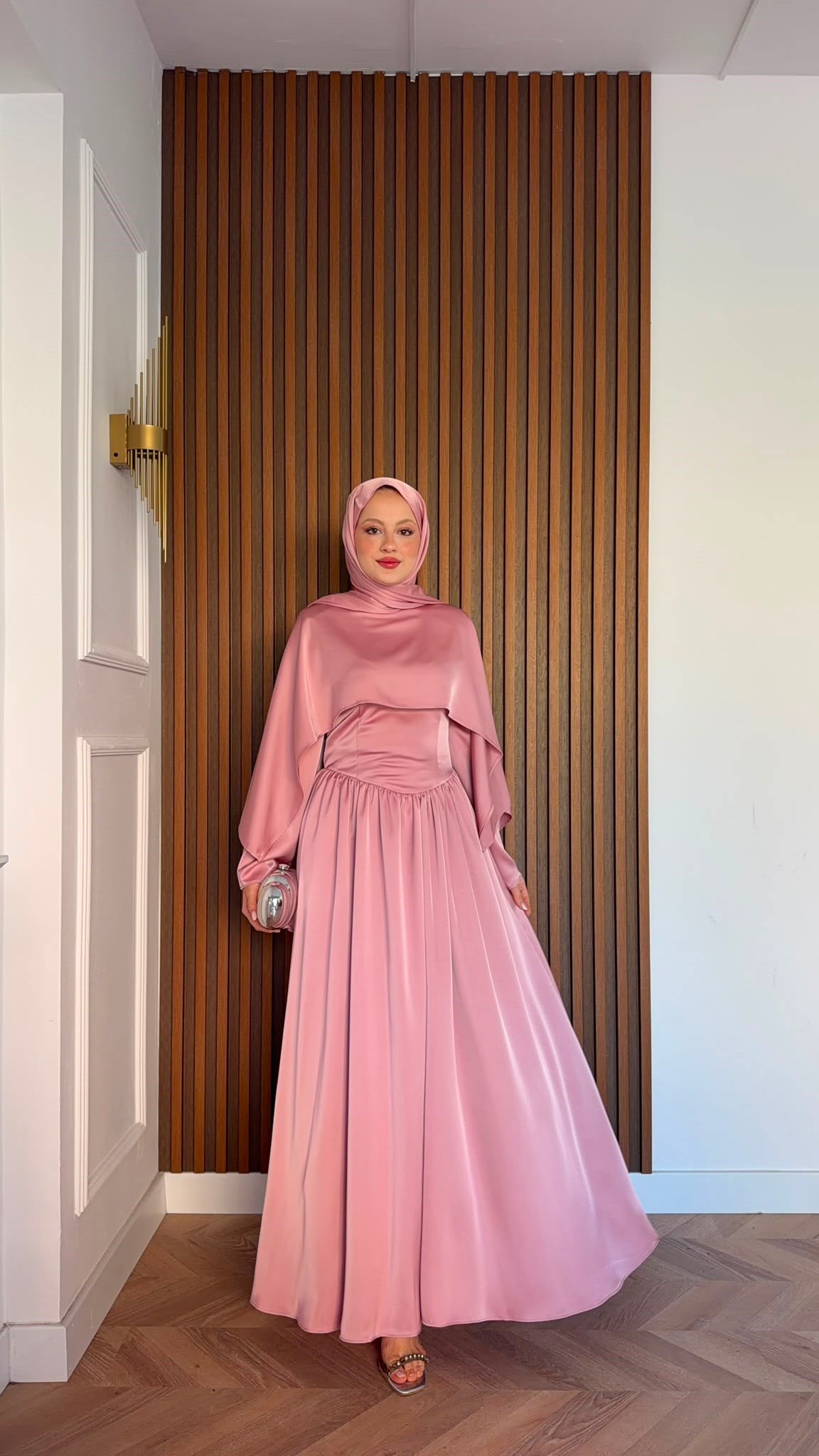 MEYSADESIGN ELBİSELER Pinky Saten Şallı Abiye Pudra