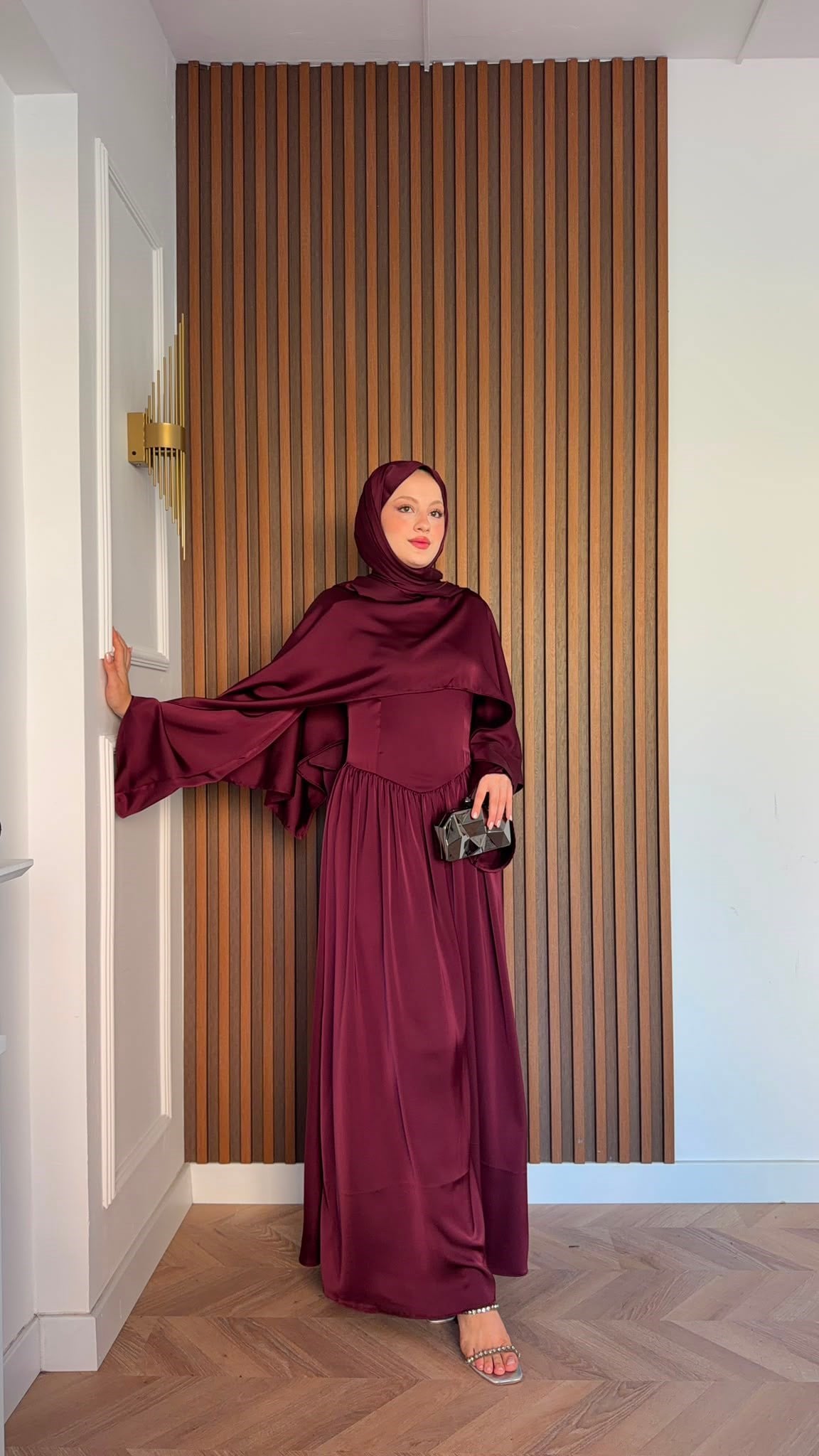 MEYSADESIGN ELBİSELER Pinky Saten Şallı Abiye Bordo