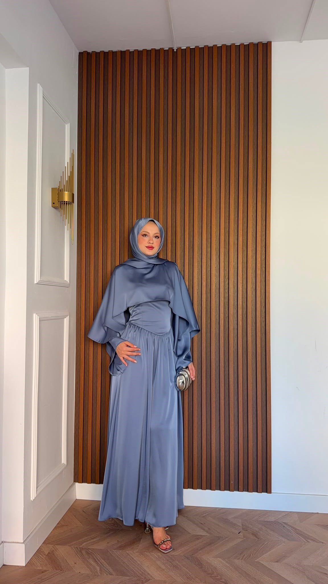 MEYSADESIGN ELBİSELER Pinky Saten Şallı Abiye İndigo Mavisi