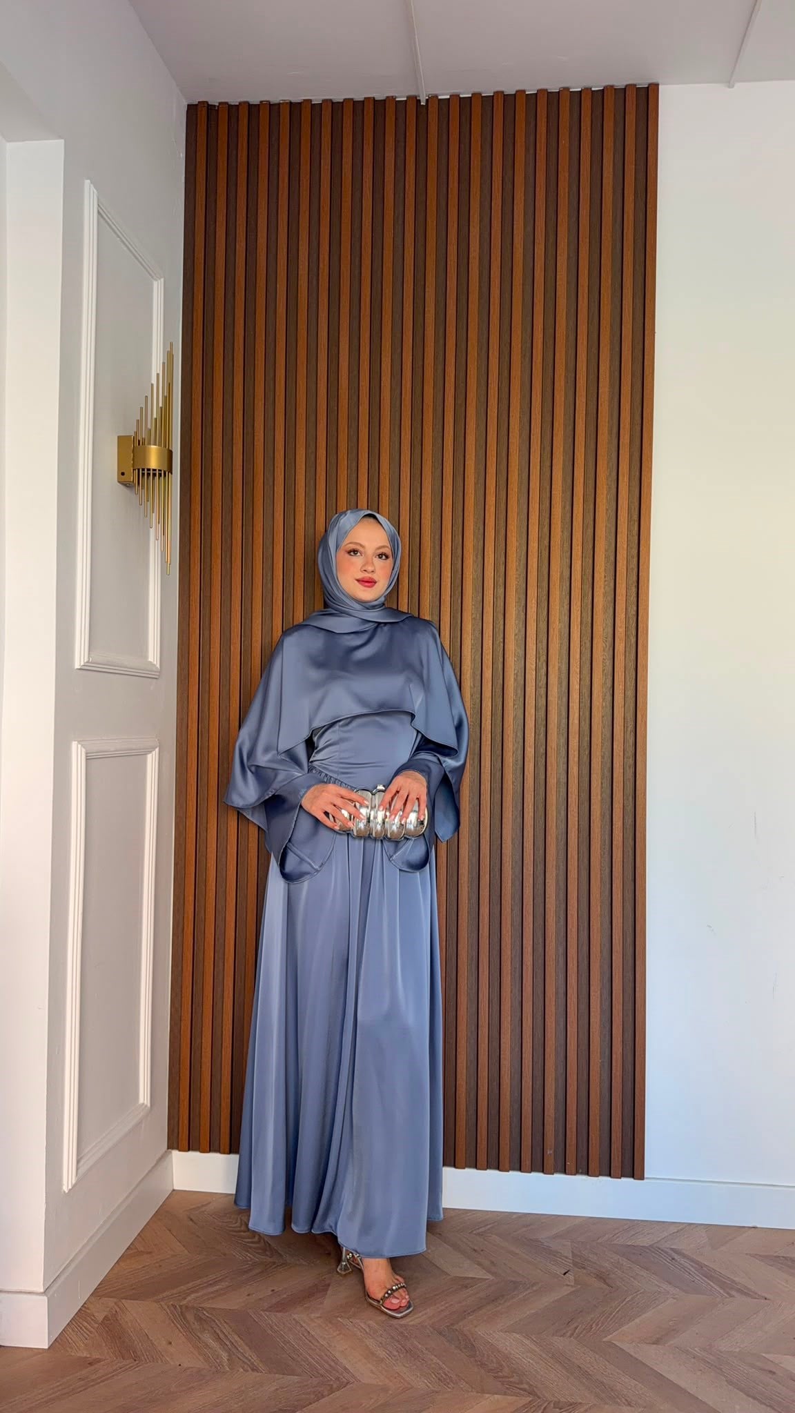 MEYSADESIGN ELBİSELER Pinky Saten Şallı Abiye İndigo Mavisi