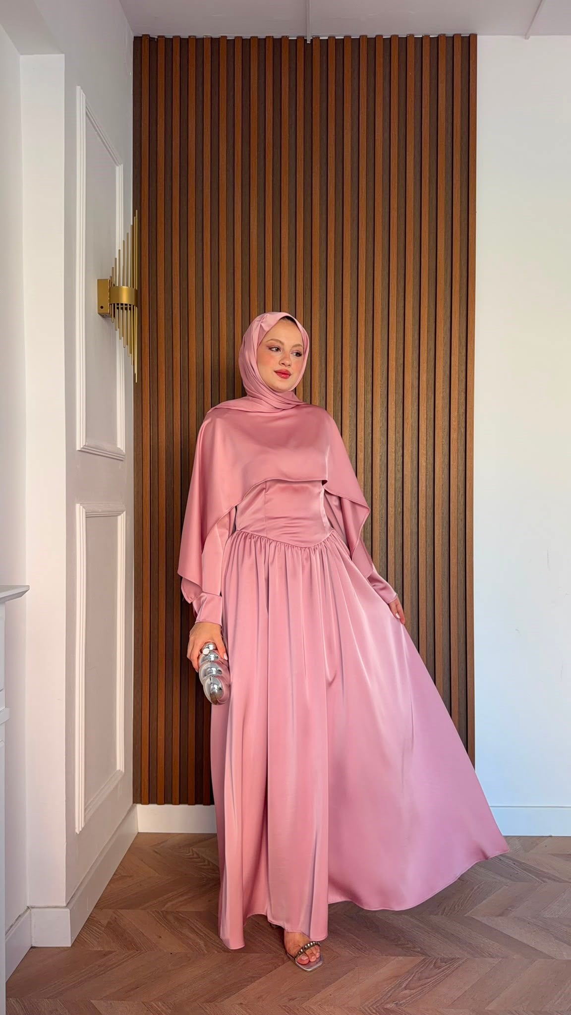 MEYSADESIGN ELBİSELER Pinky Saten Şallı Abiye Pudra