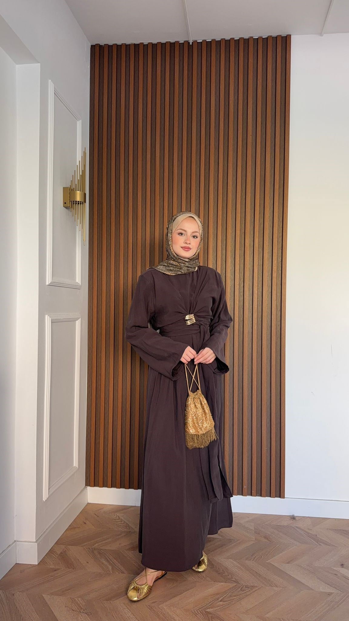 MEYSADESIGN ELBİSELER Princess Gold Tokalı Tensel Elbise Acı Kahve