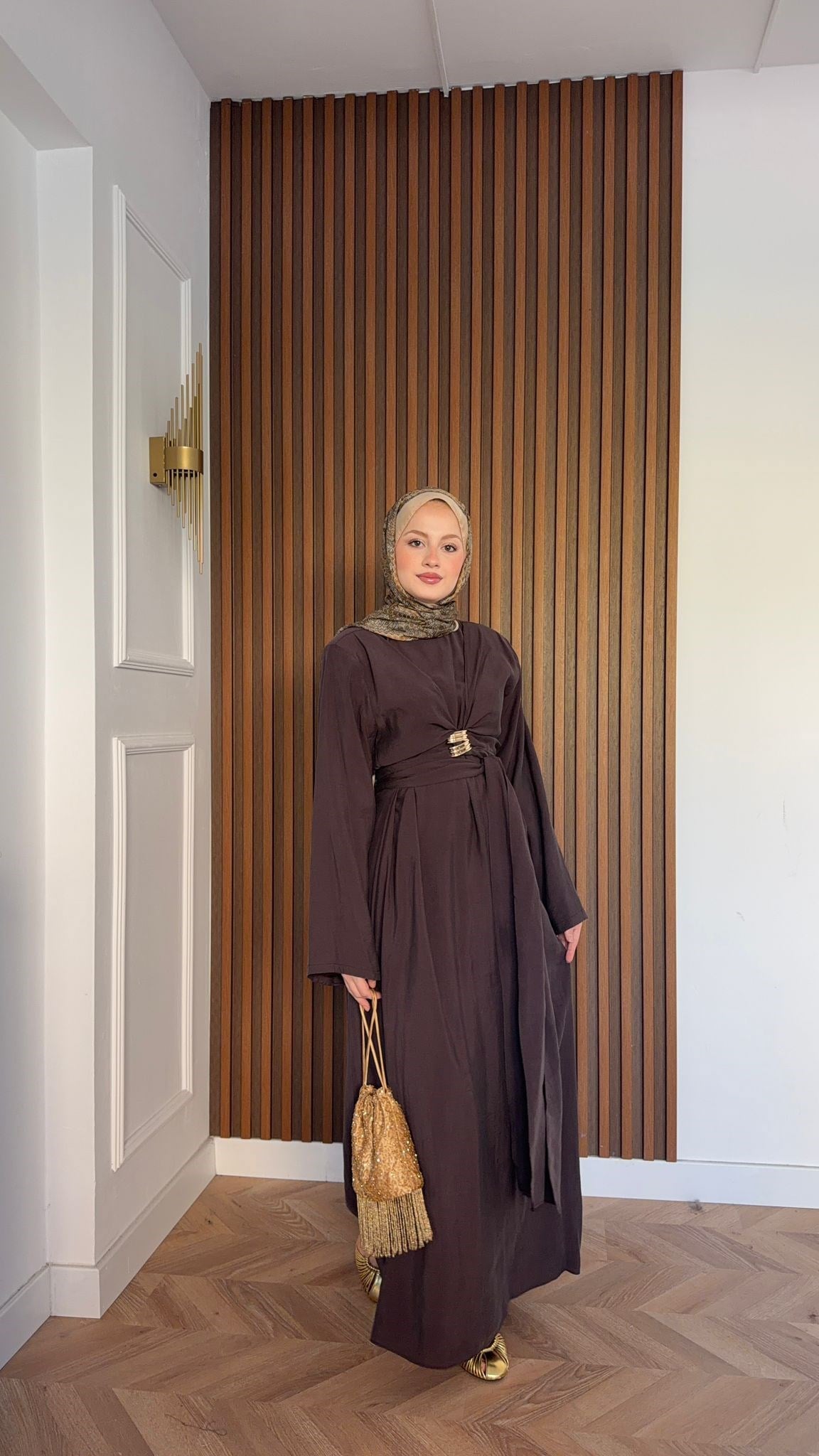 MEYSADESIGN ELBİSELER Princess Gold Tokalı Tensel Elbise Acı Kahve