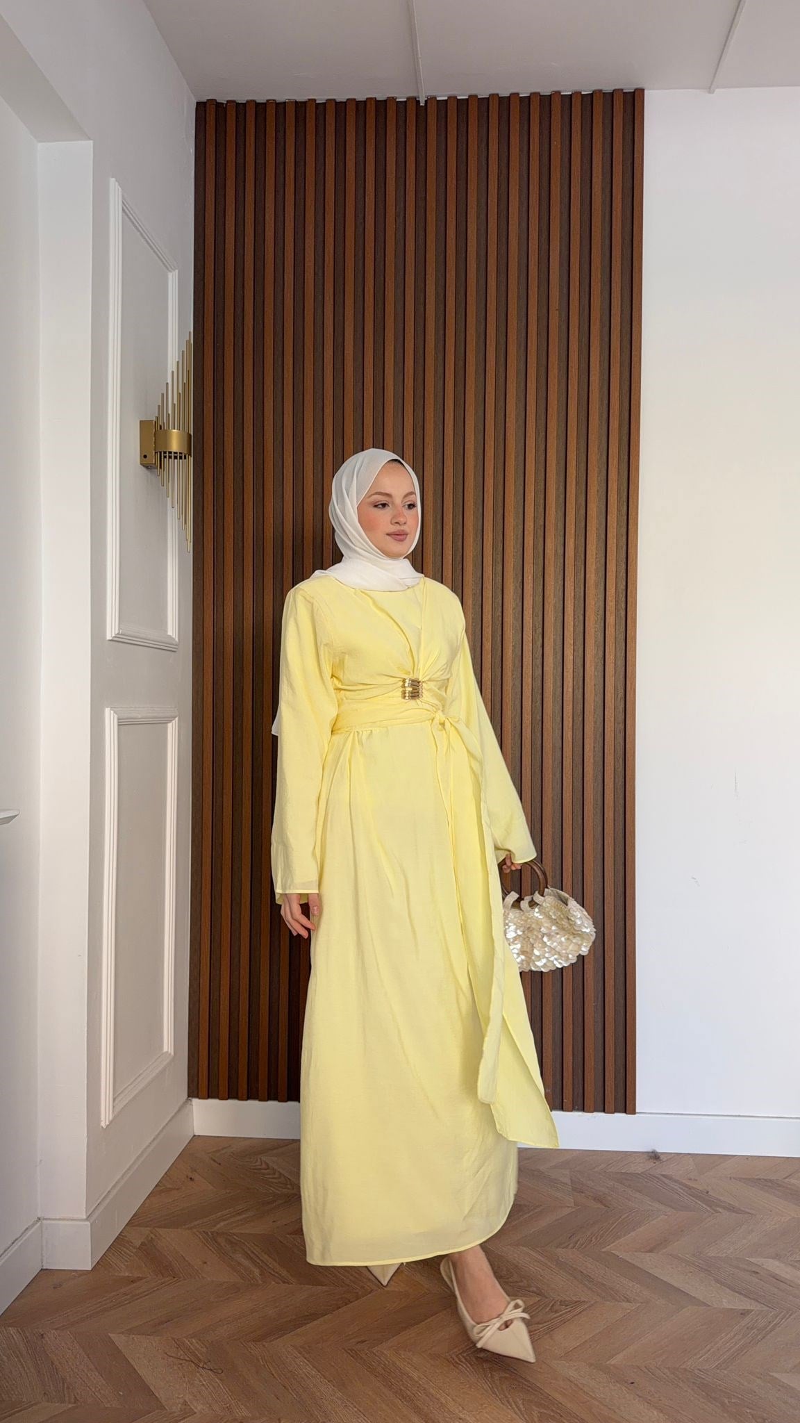 MEYSADESIGN ELBİSELER Princess Gold Tokalı Tensel Elbise Sarı