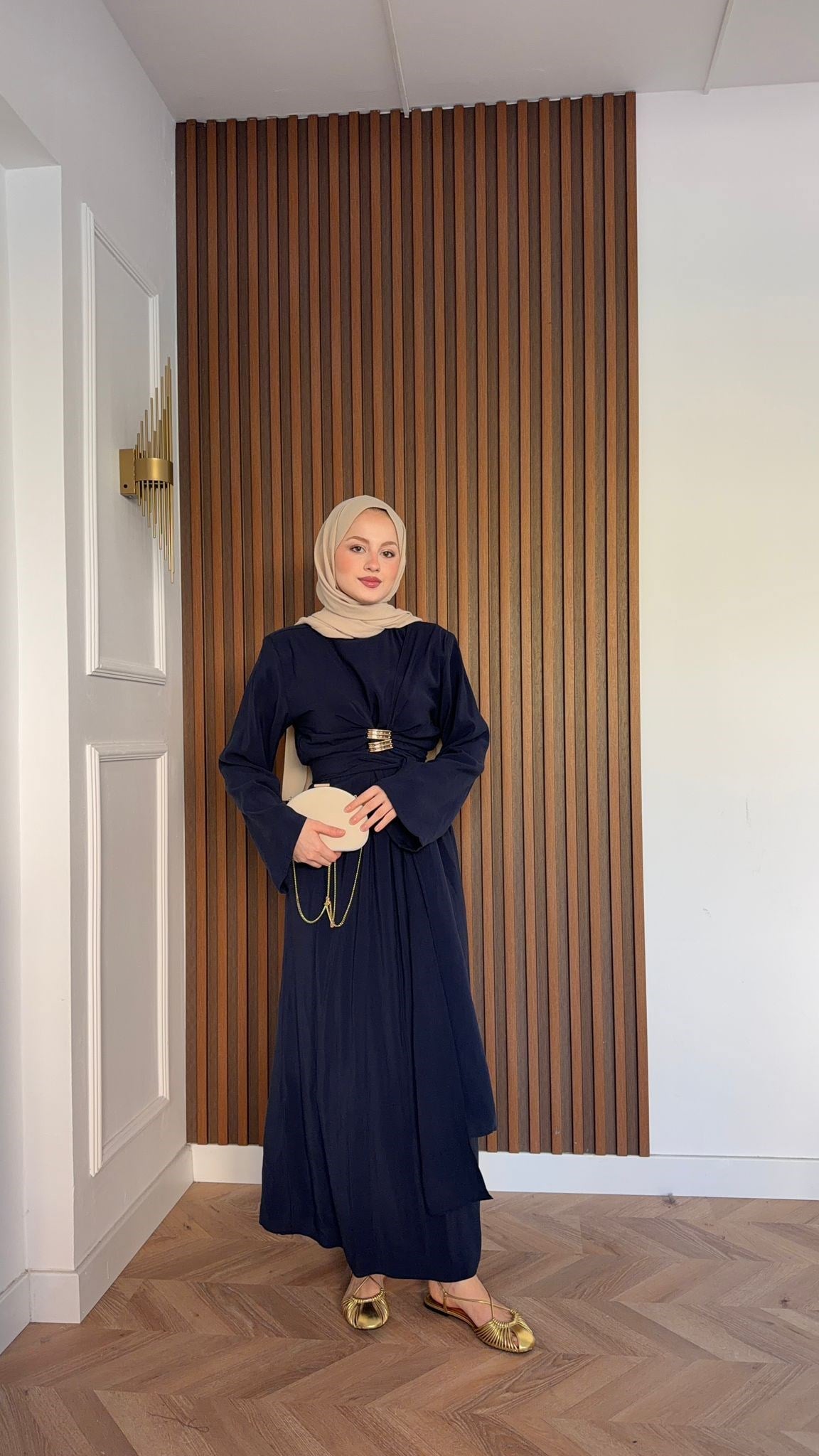 MEYSADESIGN ELBİSELER Princess Gold Tokalı Tensel Elbise Lacivert