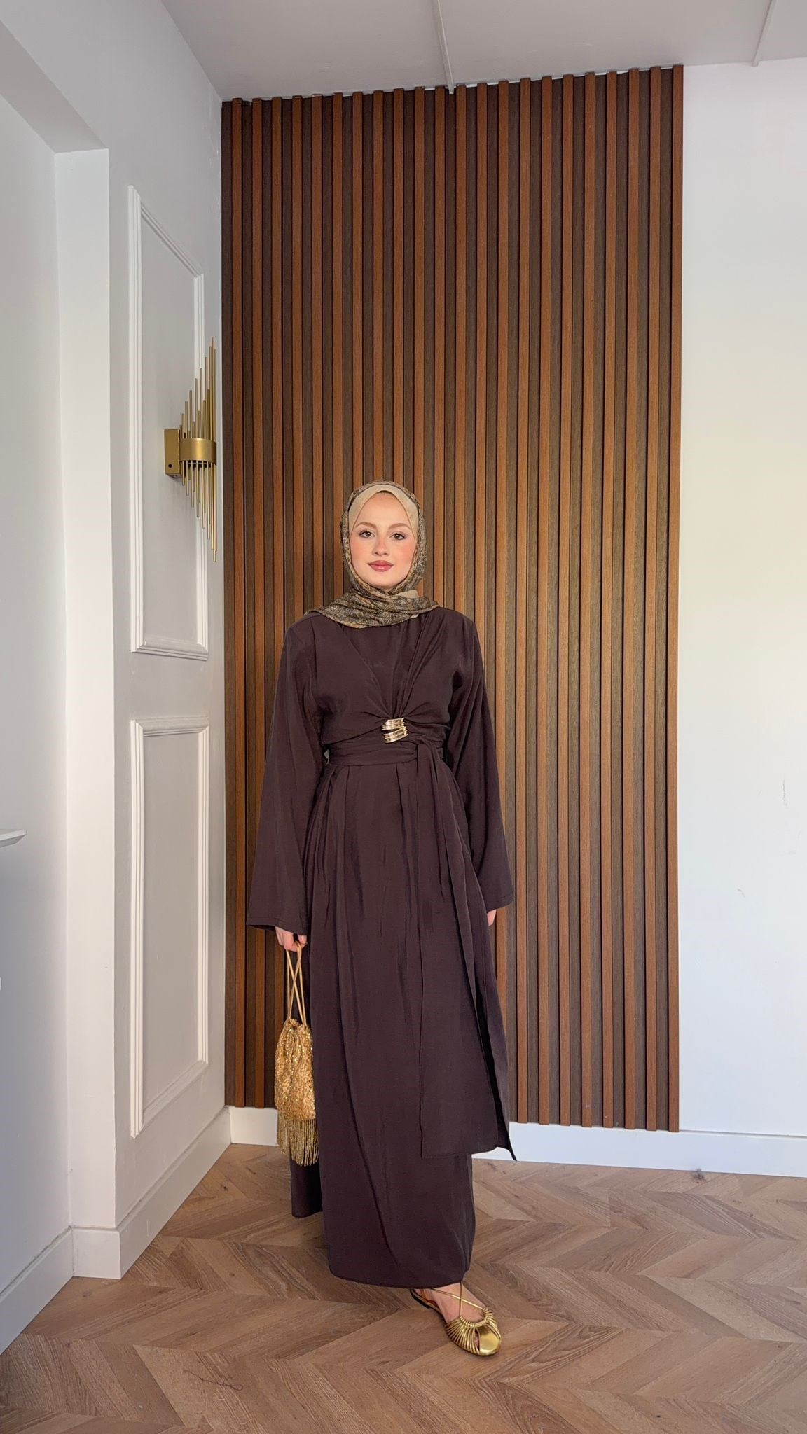 MEYSADESIGN ELBİSELER Princess Gold Tokalı Tensel Elbise Acı Kahve