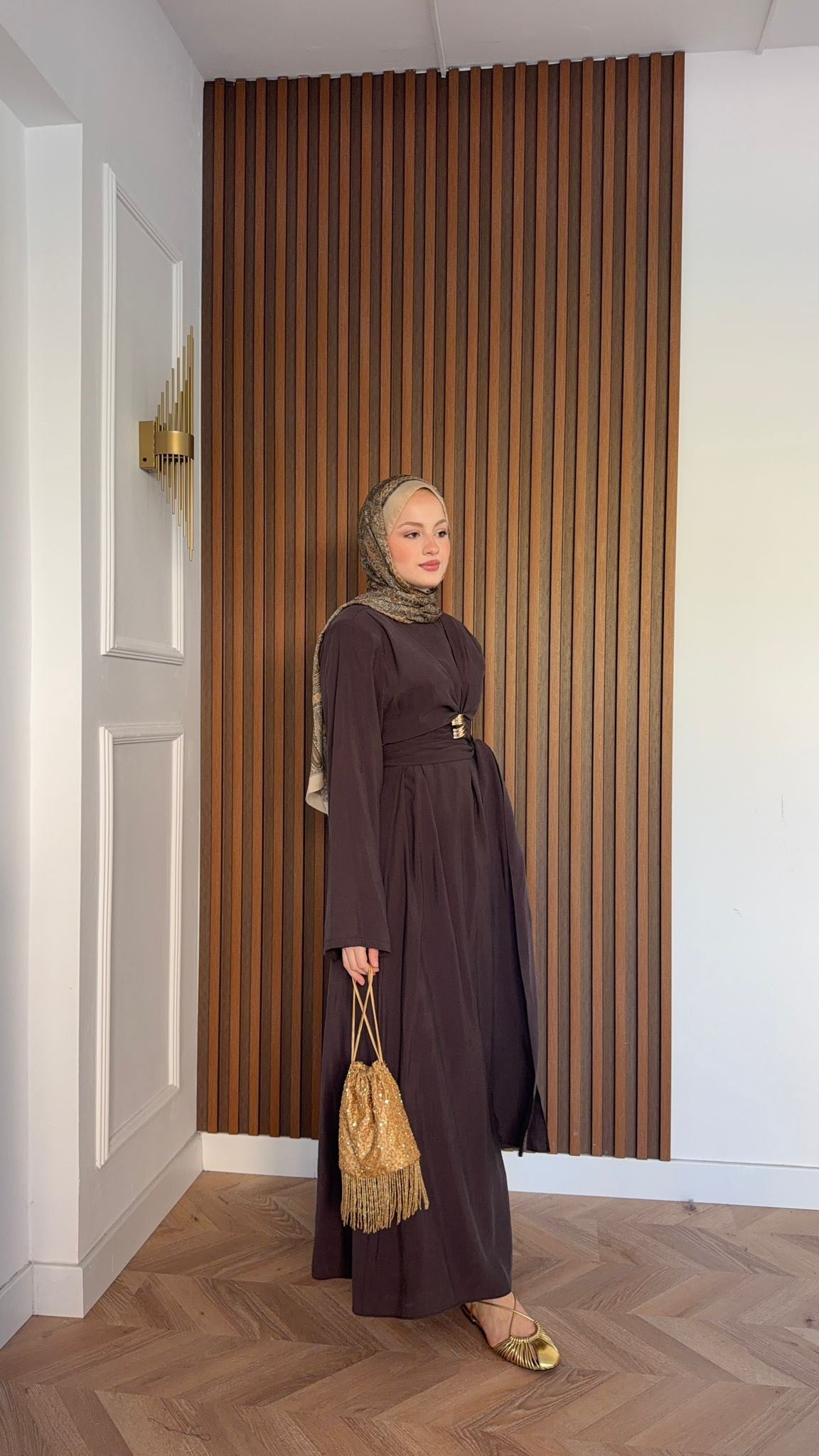 MEYSADESIGN ELBİSELER Princess Gold Tokalı Tensel Elbise Acı Kahve