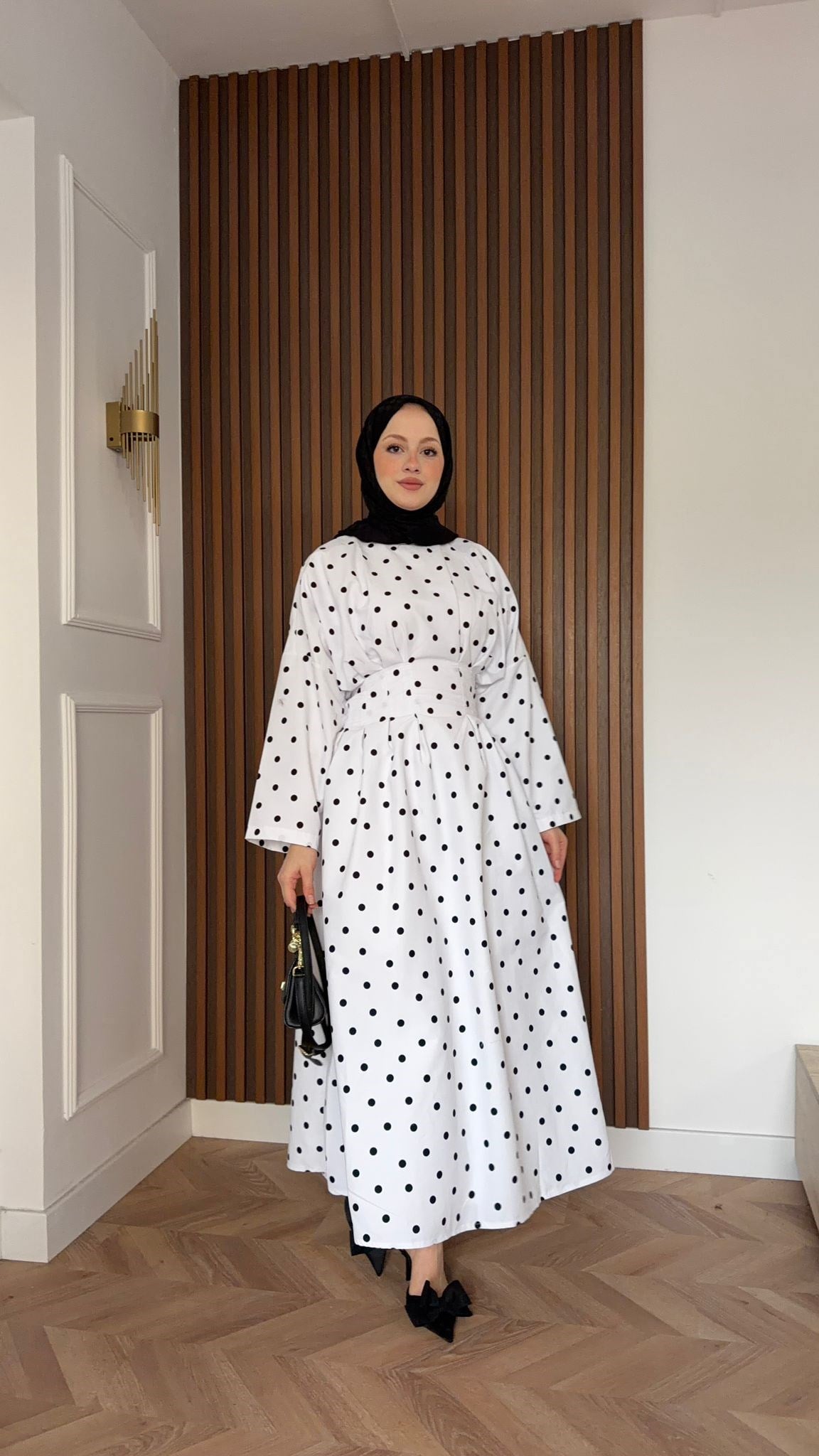 MEYSADESIGN ELBİSELER Puantiyeli Beli Pensli Elbise Beyaz