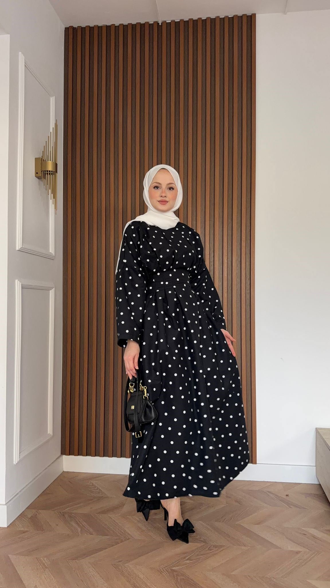 MEYSADESIGN ELBİSELER Puantiyeli Beli Pensli Elbise Siyah