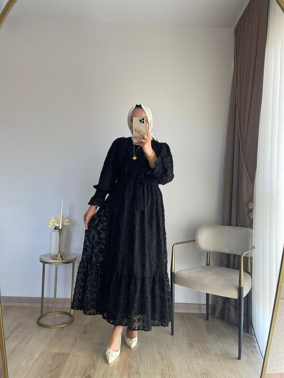 MEYSADESIGN ELBİSELER Püskül Detaylı Şifon Elbise Siyah