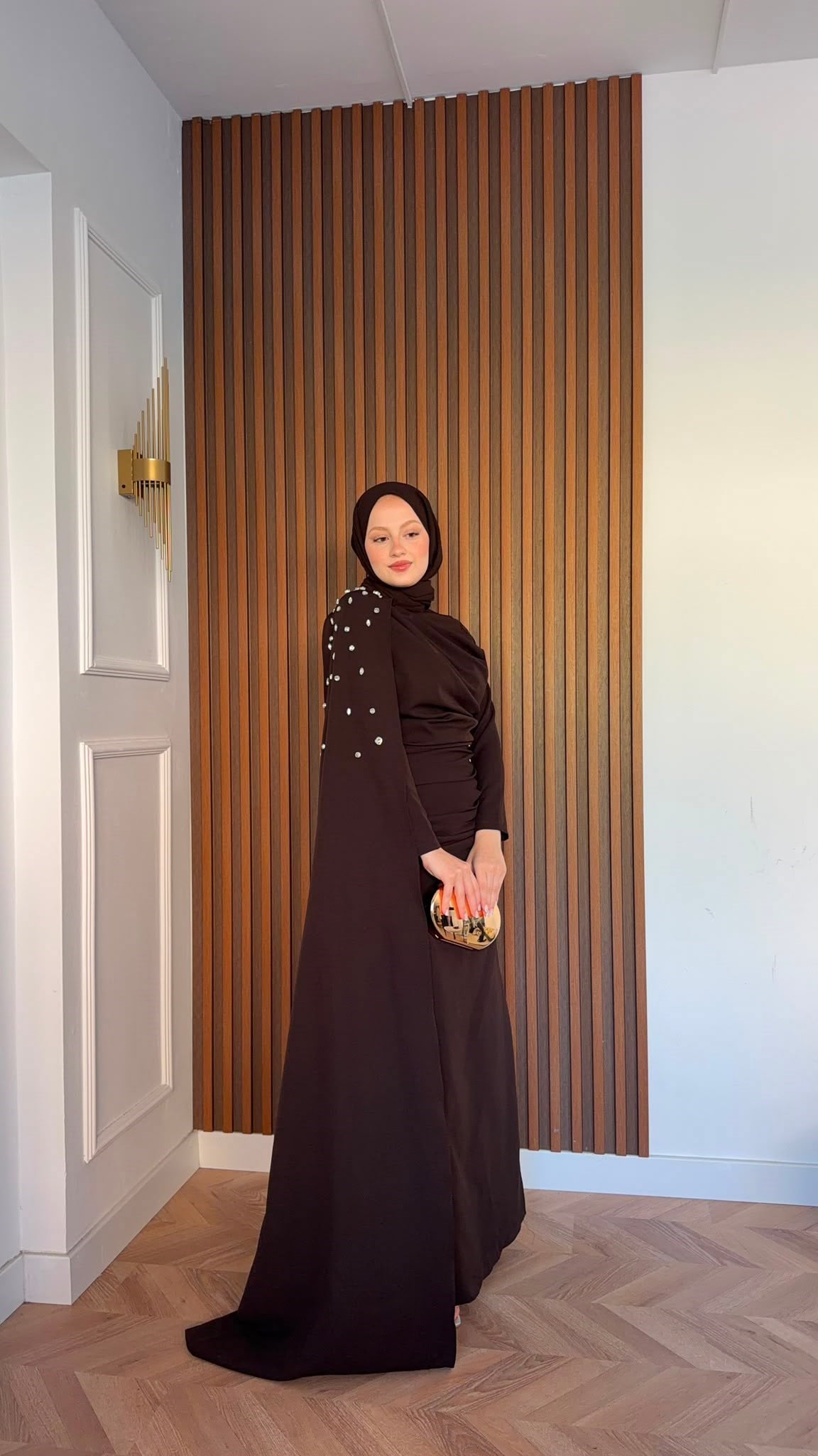 MEYSADESIGN ELBİSELER Qui Taşlı Abiye Acı Kahve