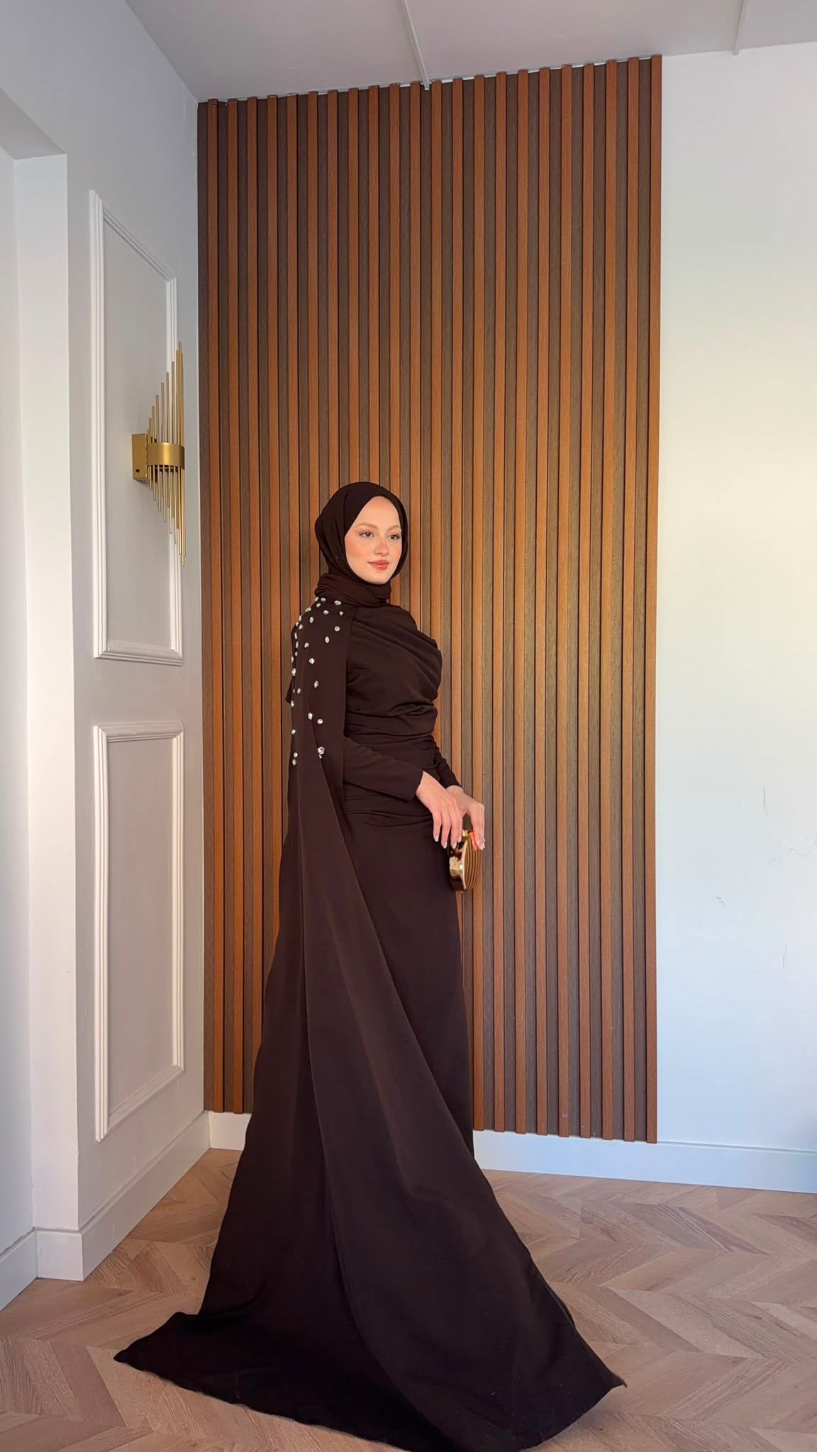 MEYSADESIGN ELBİSELER Qui Taşlı Abiye Acı Kahve