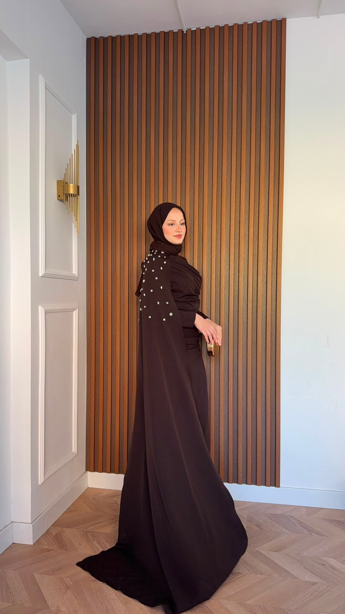 MEYSADESIGN ELBİSELER Qui Taşlı Abiye Acı Kahve