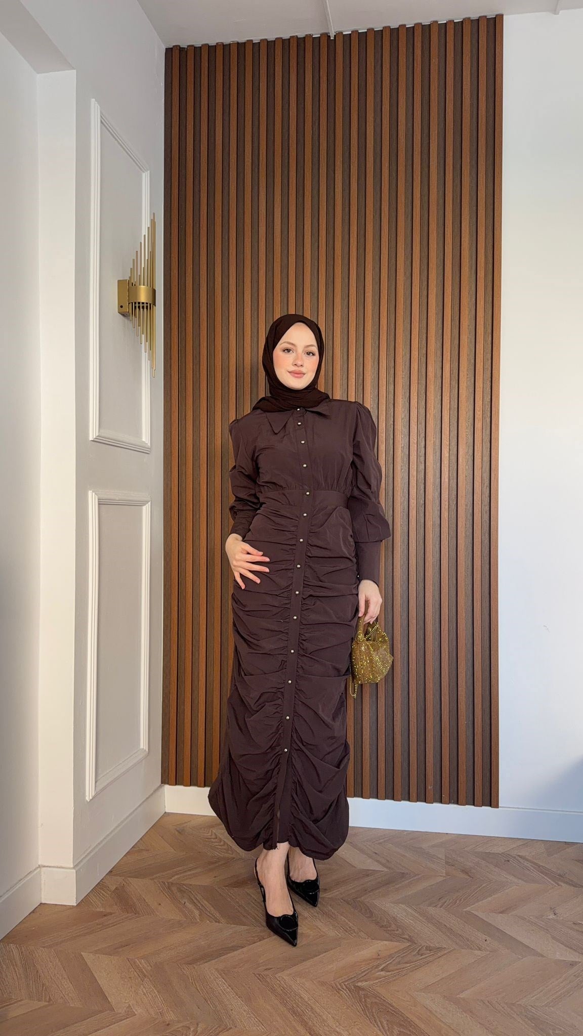MEYSADESIGN ELBİSELER Retro Büzgülü Elbise Acı Kahve