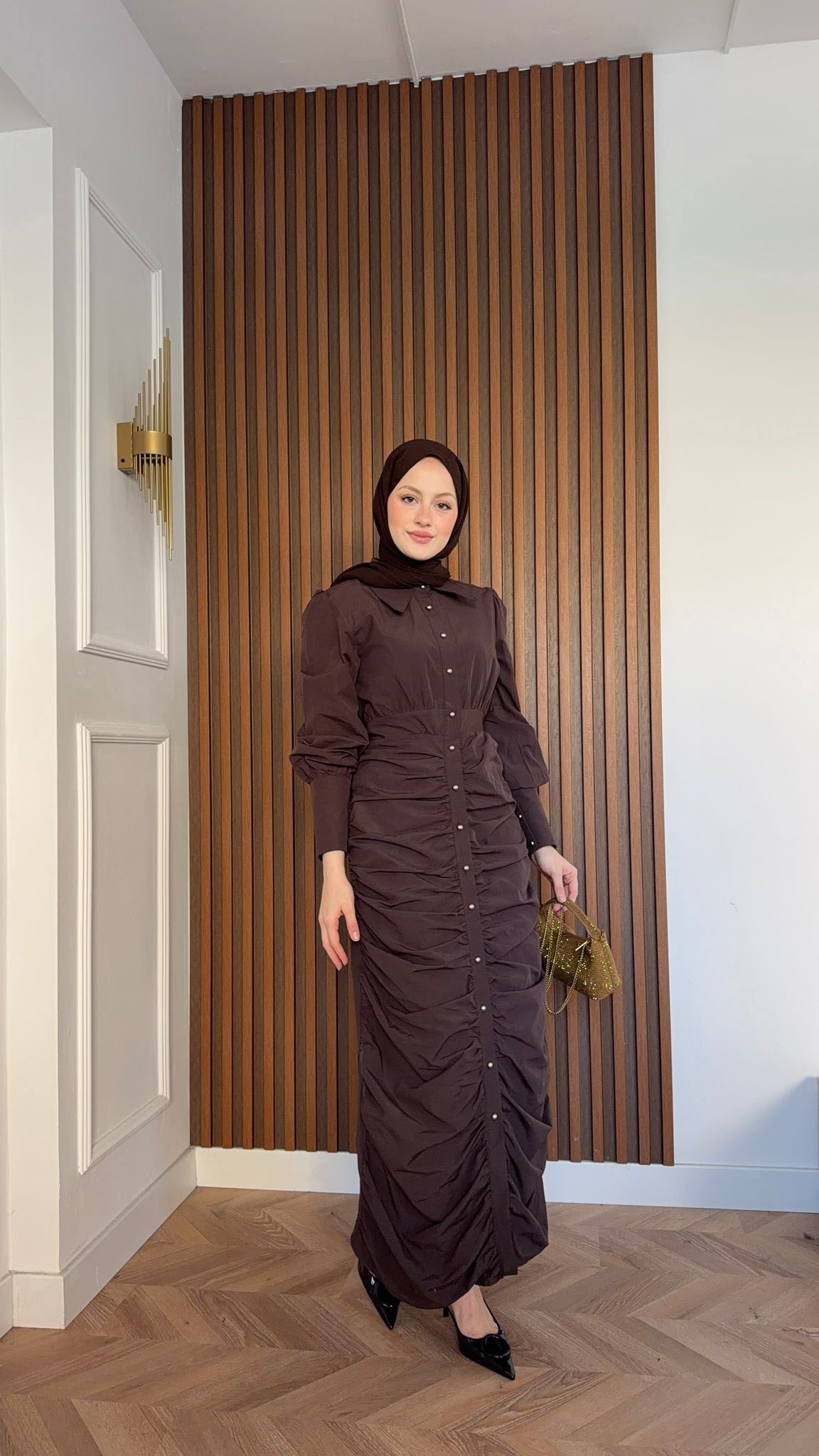 MEYSADESIGN ELBİSELER Retro Büzgülü Elbise Acı Kahve