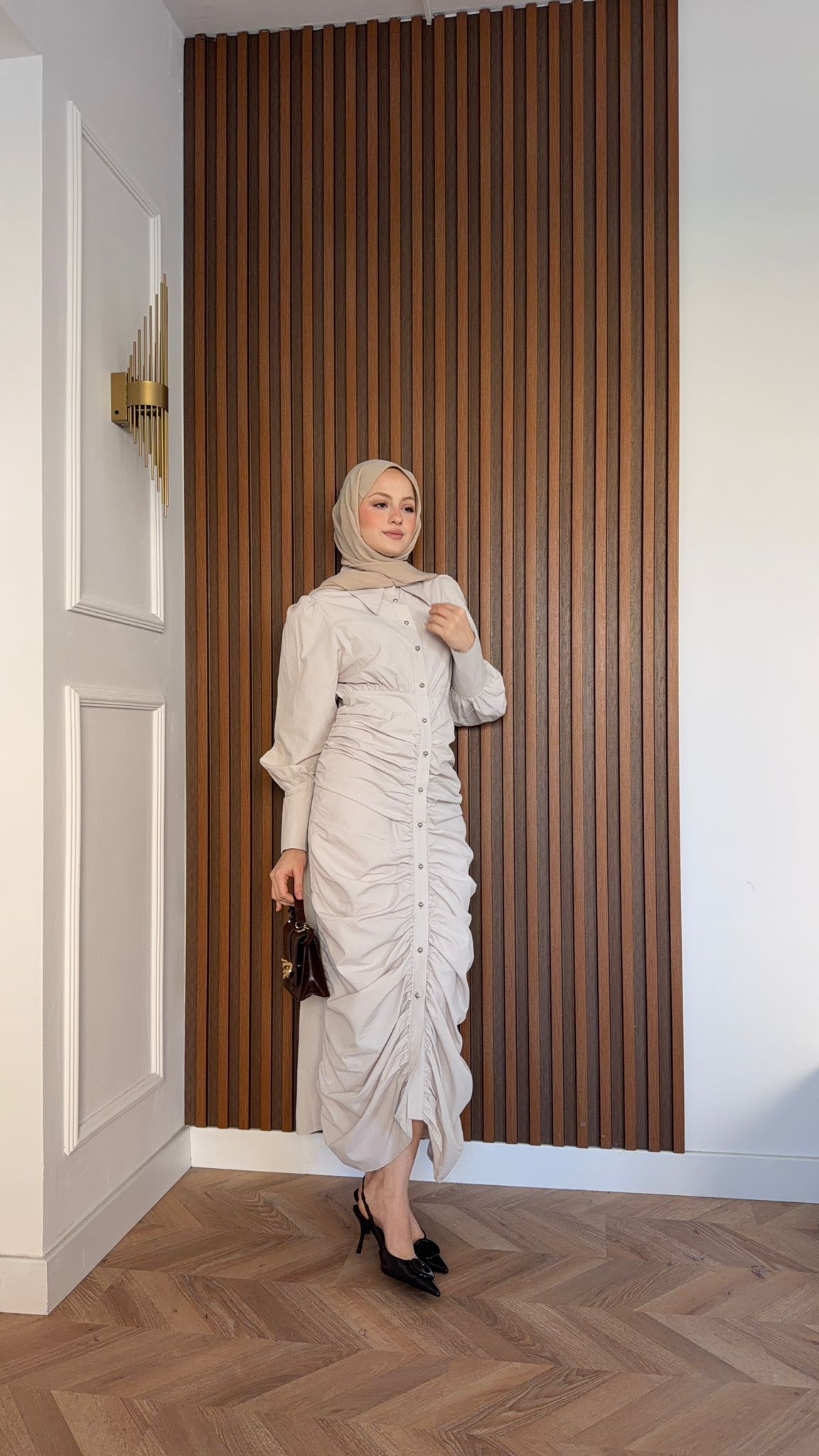 MEYSADESIGN ELBİSELER Retro Büzgülü Elbise Krem